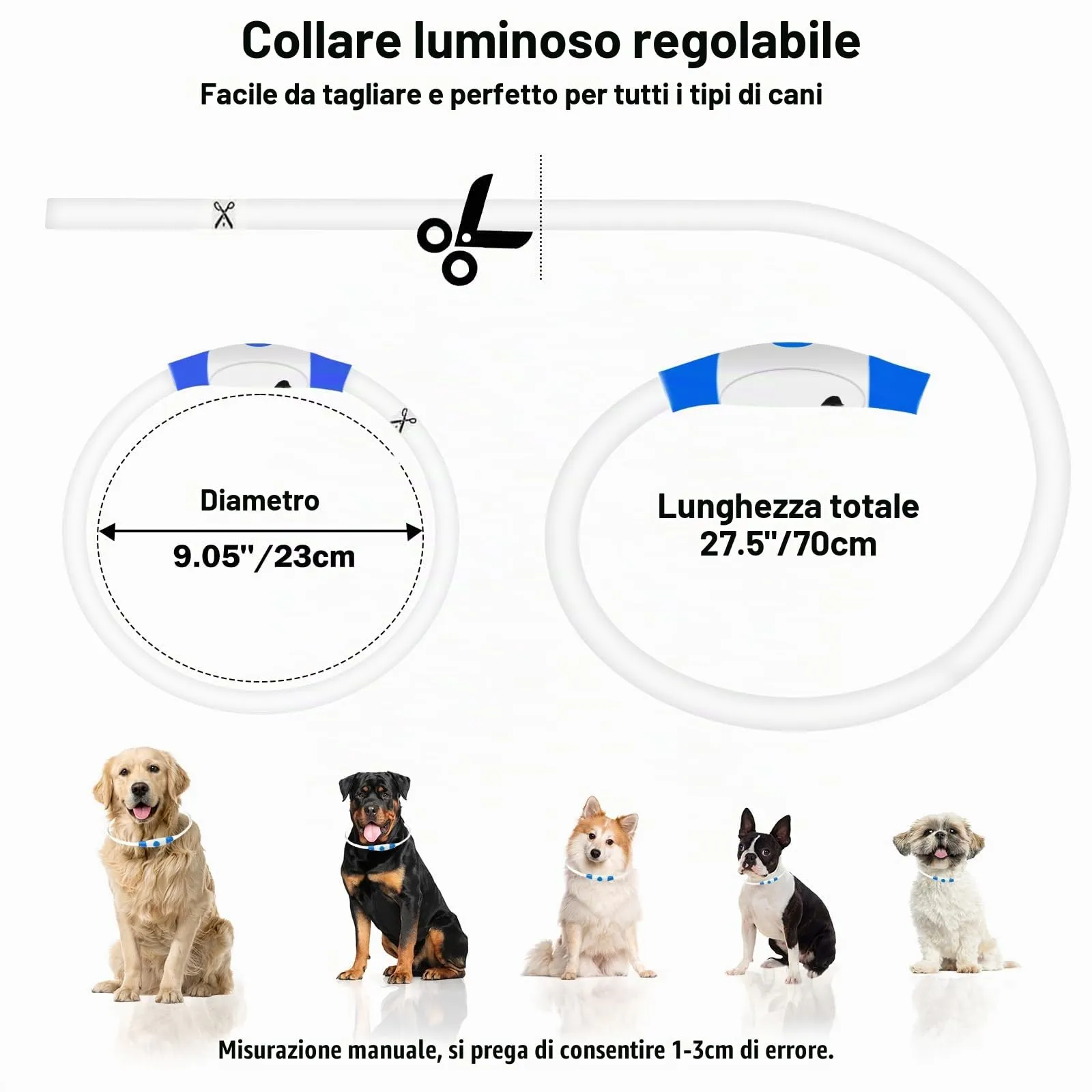 Nepfaivy Collare Luminoso a LED per Cani, Ricaricabile, Impermeabile e Regolabile, 3 Modalità di Lampeggio, Blu, XL (70cm) - immagine 2