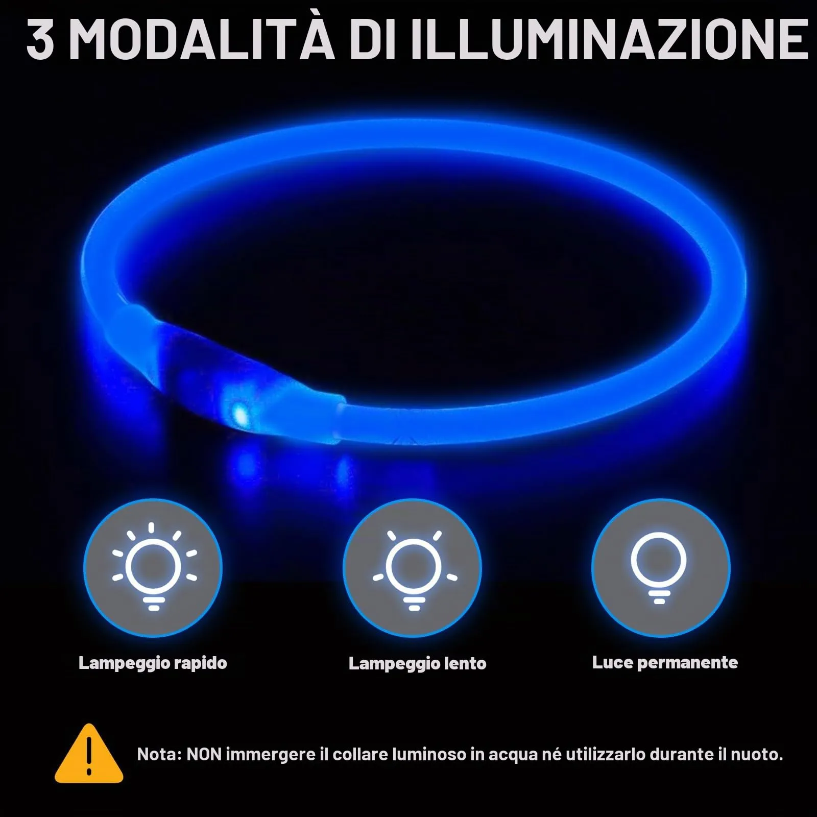 Nepfaivy Collare Luminoso a LED per Cani, Ricaricabile, Impermeabile e Regolabile, 3 Modalità di Lampeggio, Blu, XL (70cm) - immagine 4