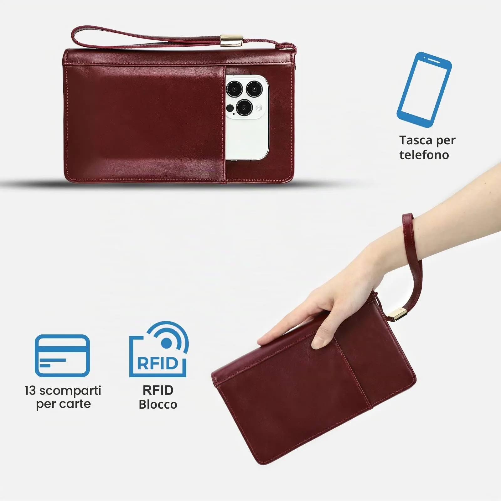 CONTACTS Frizione da viaggio da uomo in vera pelle con cinturino a mano e blocco RFID, marrone - immagine 3
