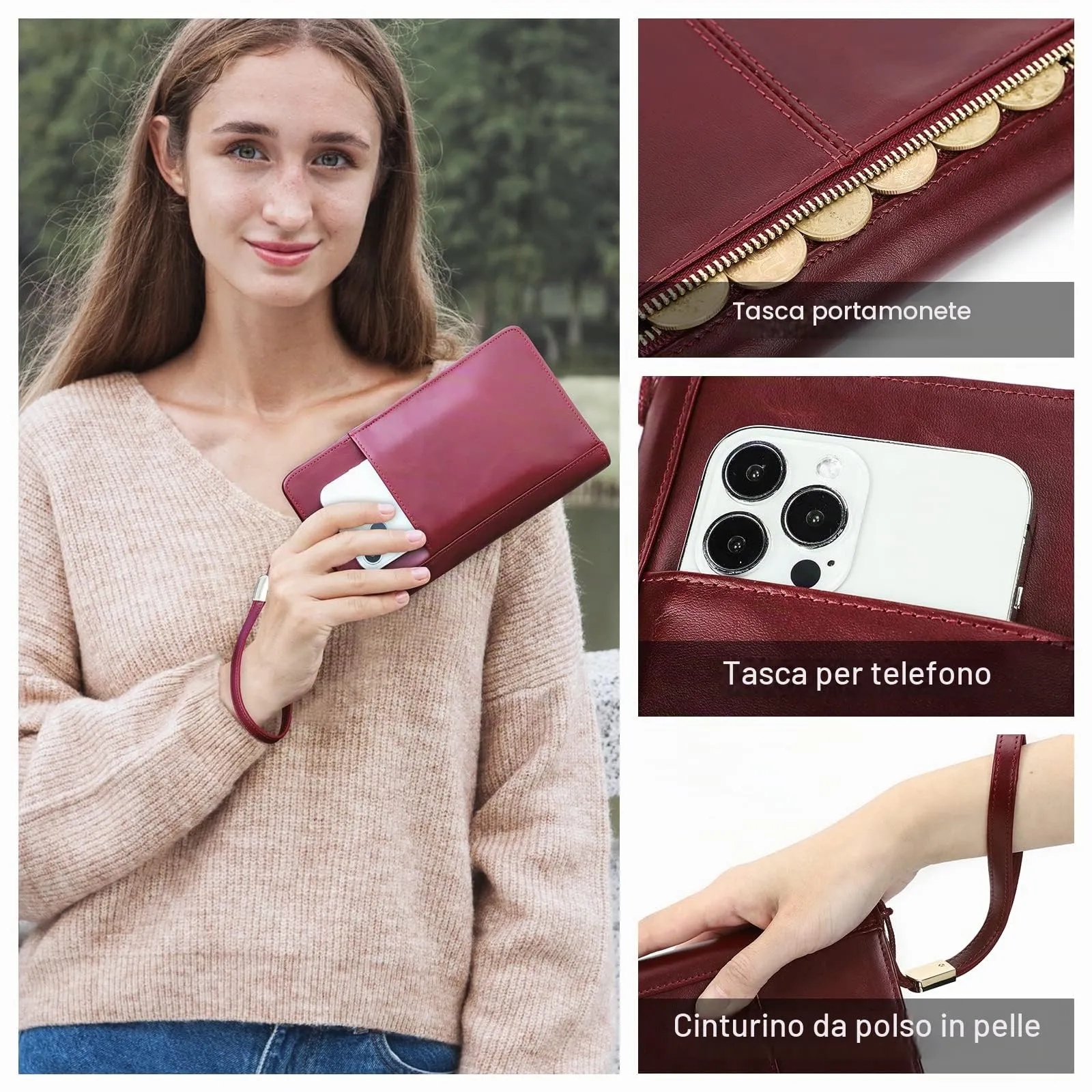 CONTACTS Frizione da viaggio da uomo in vera pelle con cinturino a mano e blocco RFID, marrone - immagine 7