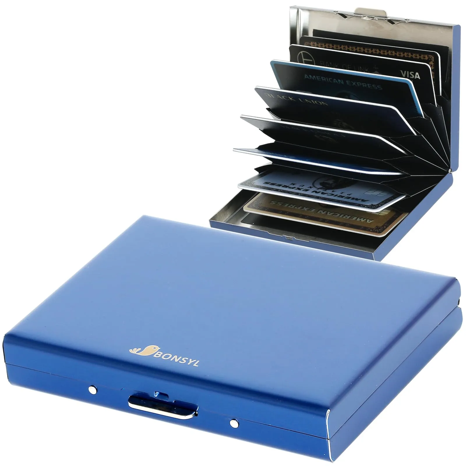 BONSYL Porta Carte di Credito Sottile in Metallo con Protezione RFID, 8 Scomparti (Blu) - immagine 1