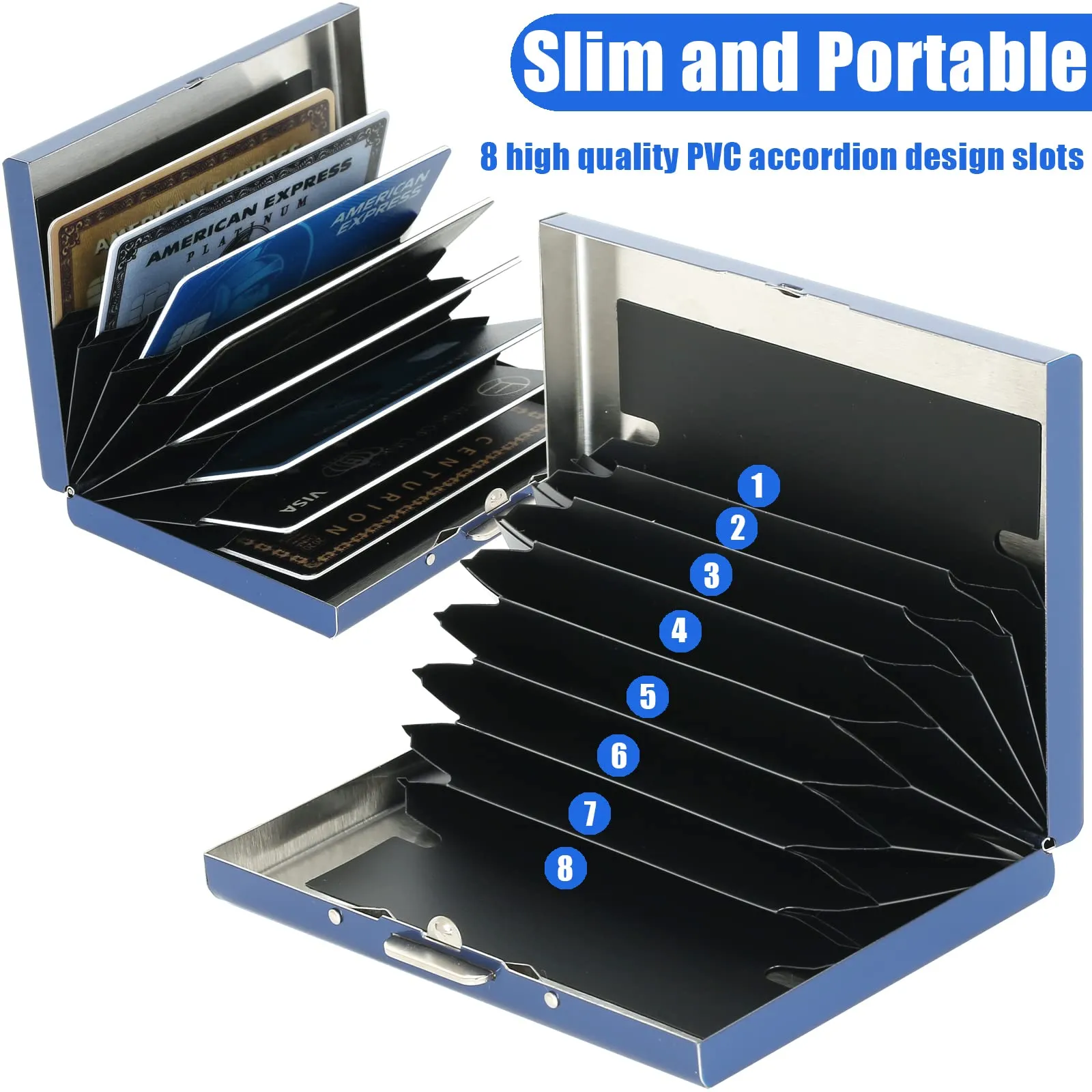 BONSYL Porta Carte di Credito Sottile in Metallo con Protezione RFID, 8 Scomparti (Blu) - immagine 3