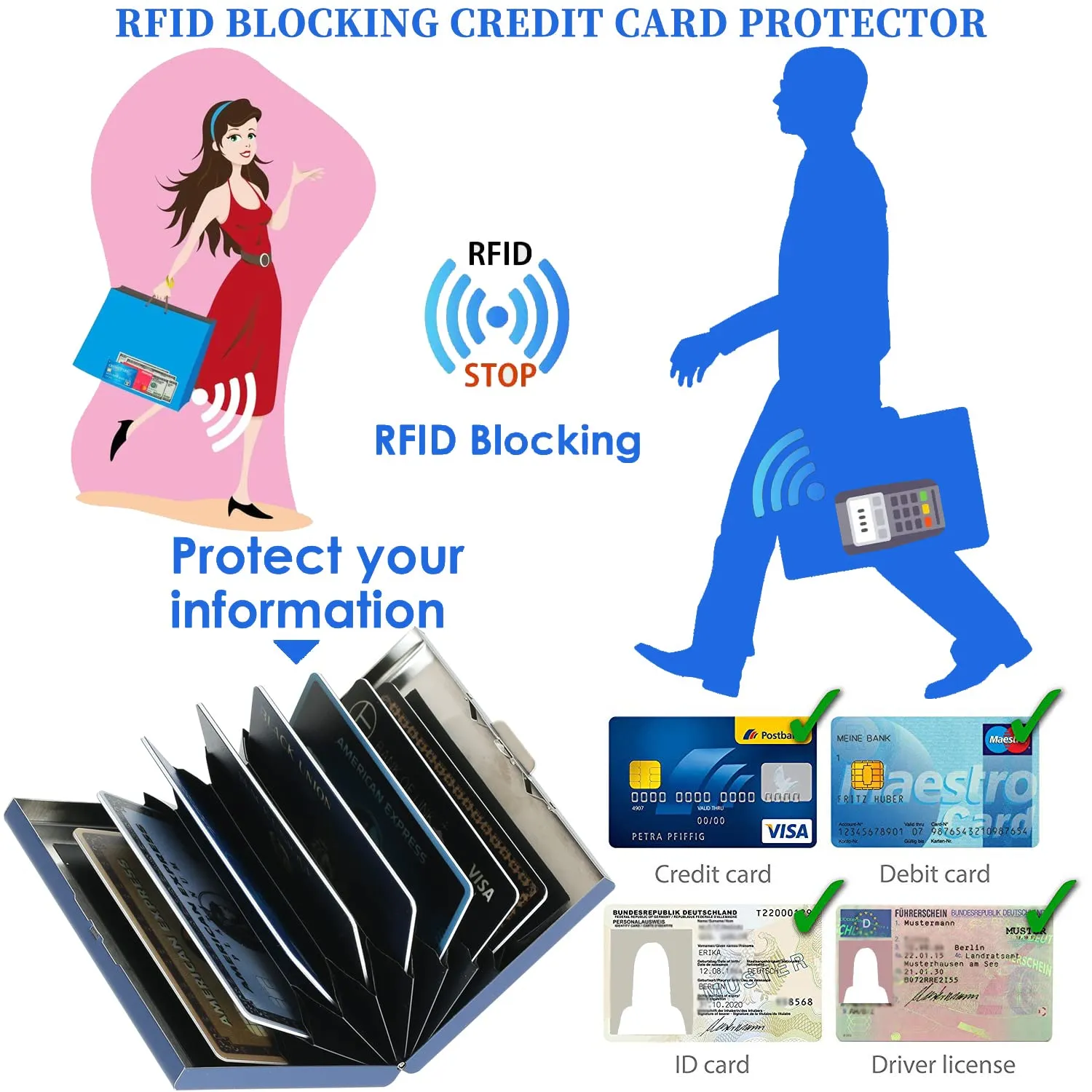 BONSYL Porta Carte di Credito Sottile in Metallo con Protezione RFID, 8 Scomparti (Blu) - immagine 5