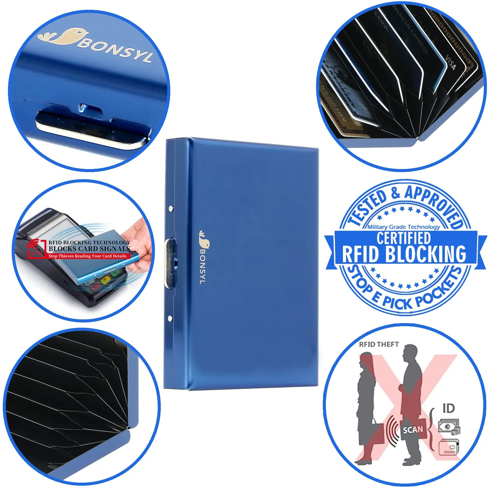 BONSYL Porta Carte di Credito Sottile in Metallo con Protezione RFID, 8 Scomparti (Blu) - immagine 6