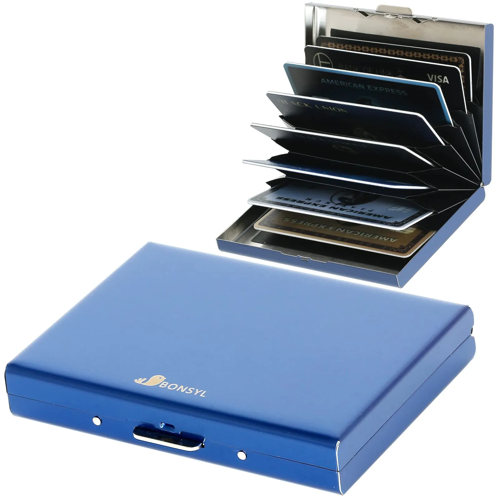 BONSYL Porta Carte di Credito Sottile in Metallo con Protezione RFID, 8 Scomparti (Blu) - immagine 8