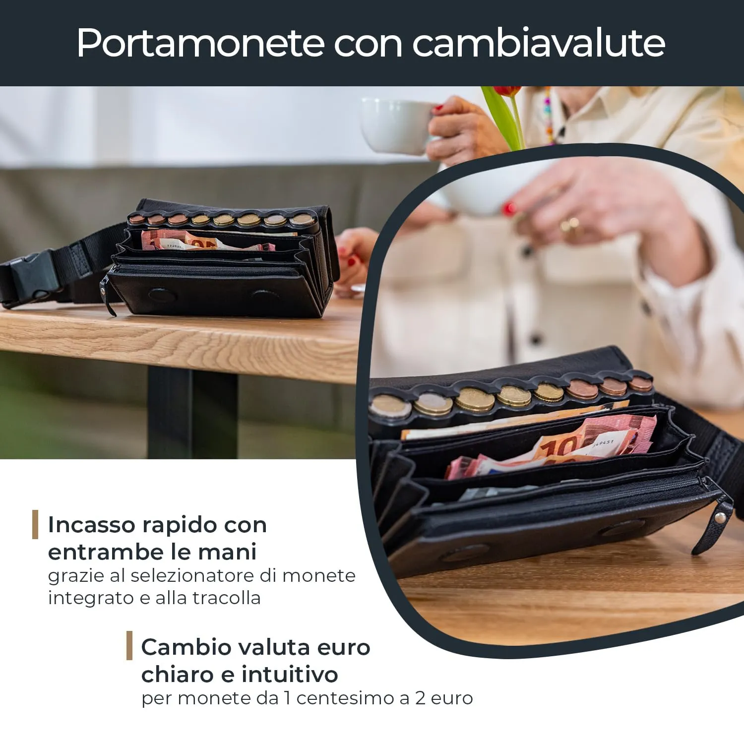 HMF Portafoglio da cameriere in pelle con cintura regolabile, chiusura magnetica, rendiresto Euro e scomparto con cerniera, 20,5 x 10 x 6,5 cm, Nero - immagine 2