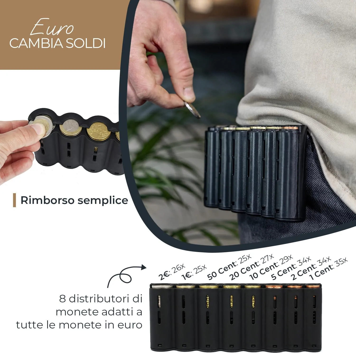 HMF Portafoglio da cameriere in pelle con cintura regolabile, chiusura magnetica, rendiresto Euro e scomparto con cerniera, 20,5 x 10 x 6,5 cm, Nero - immagine 3
