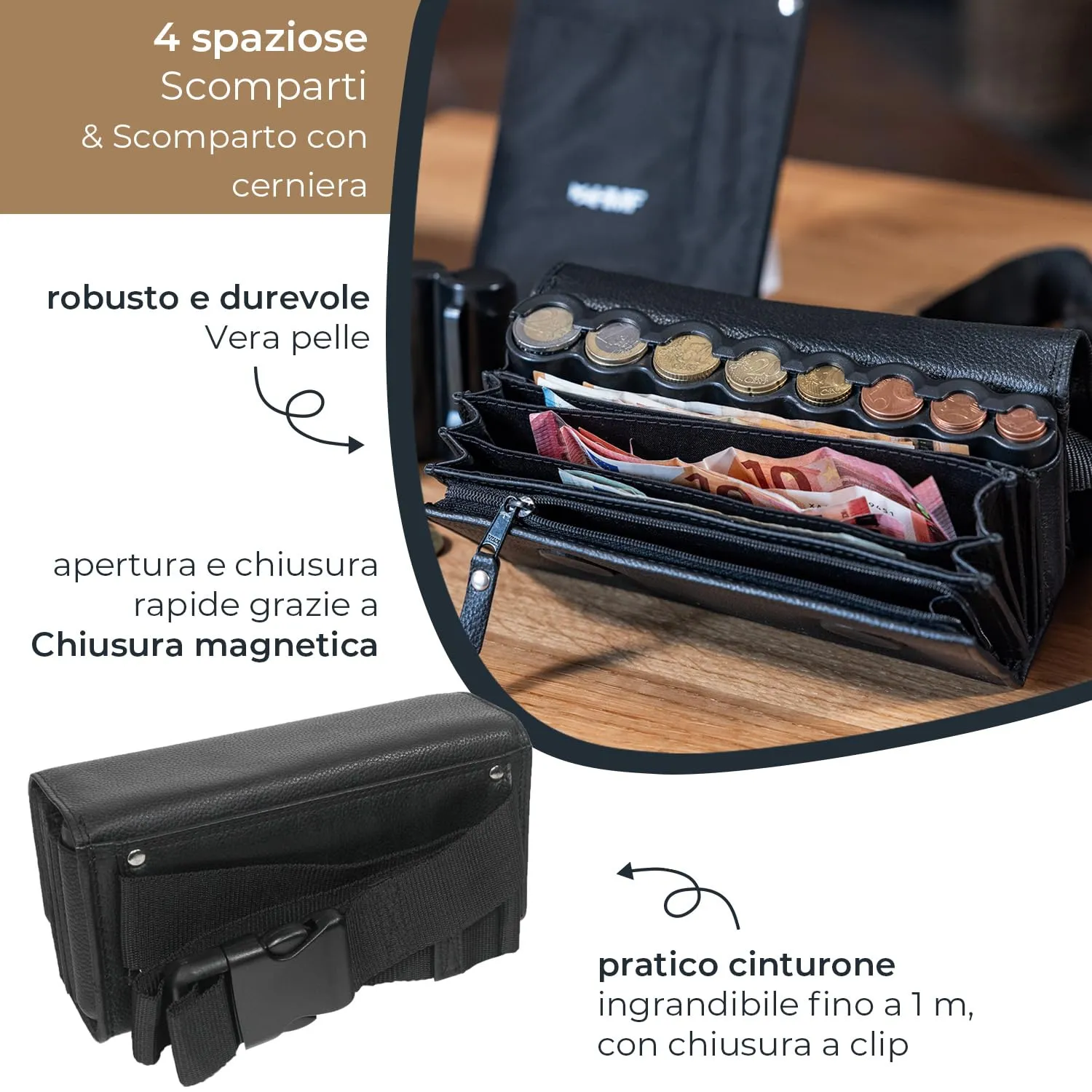 HMF Portafoglio da cameriere in pelle con cintura regolabile, chiusura magnetica, rendiresto Euro e scomparto con cerniera, 20,5 x 10 x 6,5 cm, Nero - immagine 4