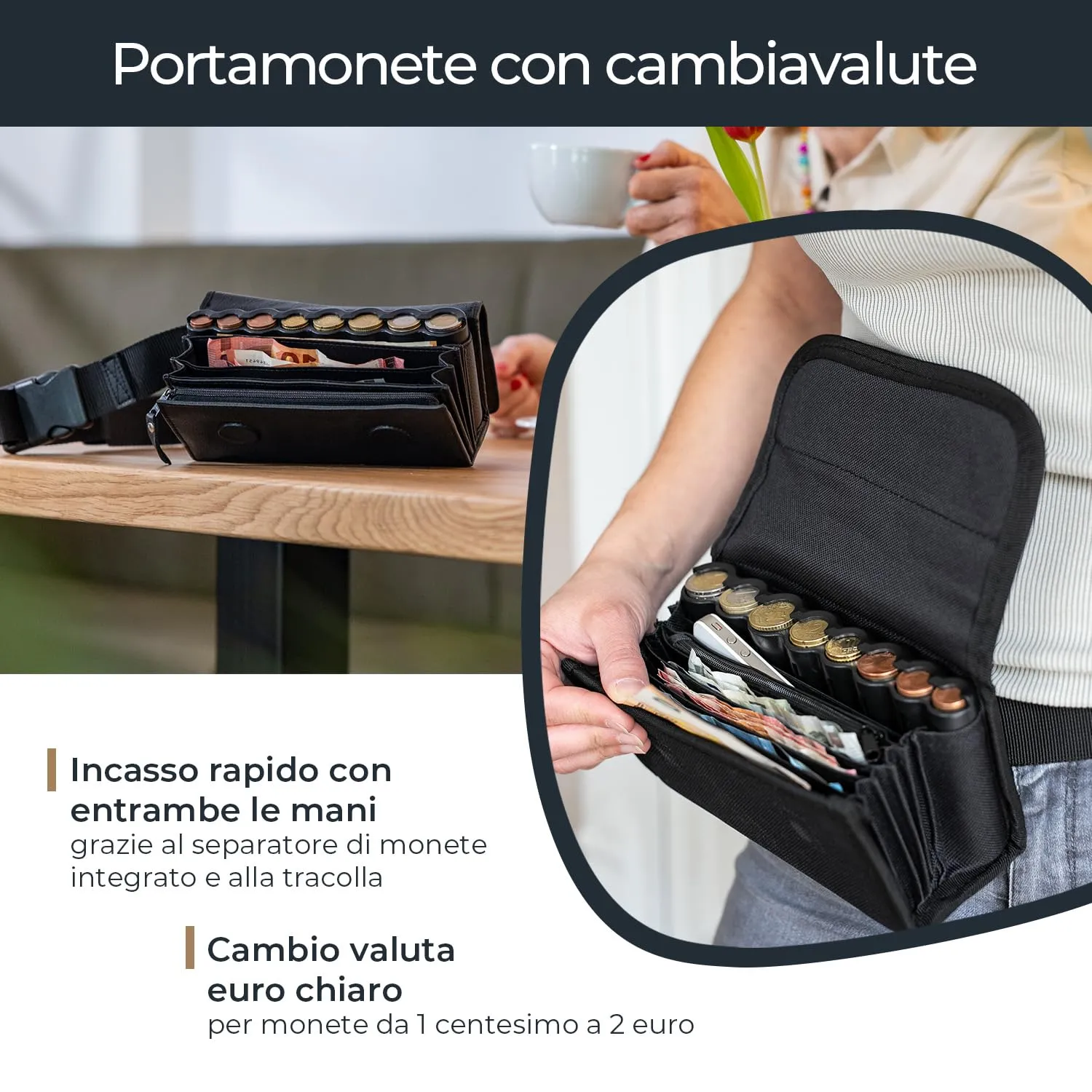 HMF Portafoglio da cameriere con cintura regolabile, portamonete euro e scomparto con cerniera, 20,5 x 10 x 6,5 cm, Nero - immagine 2