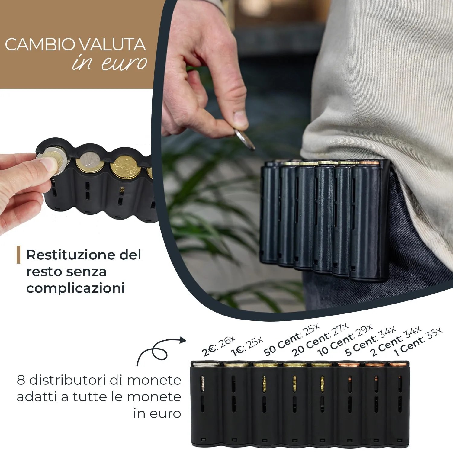 HMF Portafoglio da cameriere con cintura regolabile, portamonete euro e scomparto con cerniera, 20,5 x 10 x 6,5 cm, Nero - immagine 3