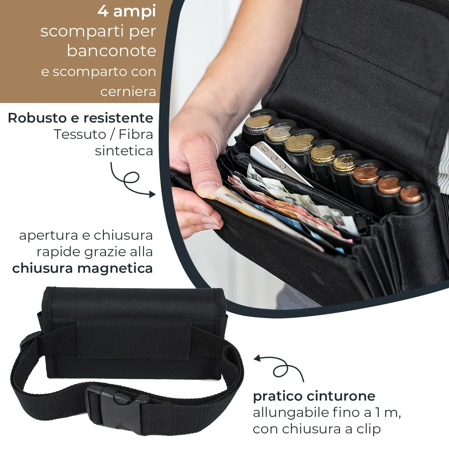 HMF Portafoglio da cameriere con cintura regolabile, portamonete euro e scomparto con cerniera, 20,5 x 10 x 6,5 cm, Nero - immagine 4