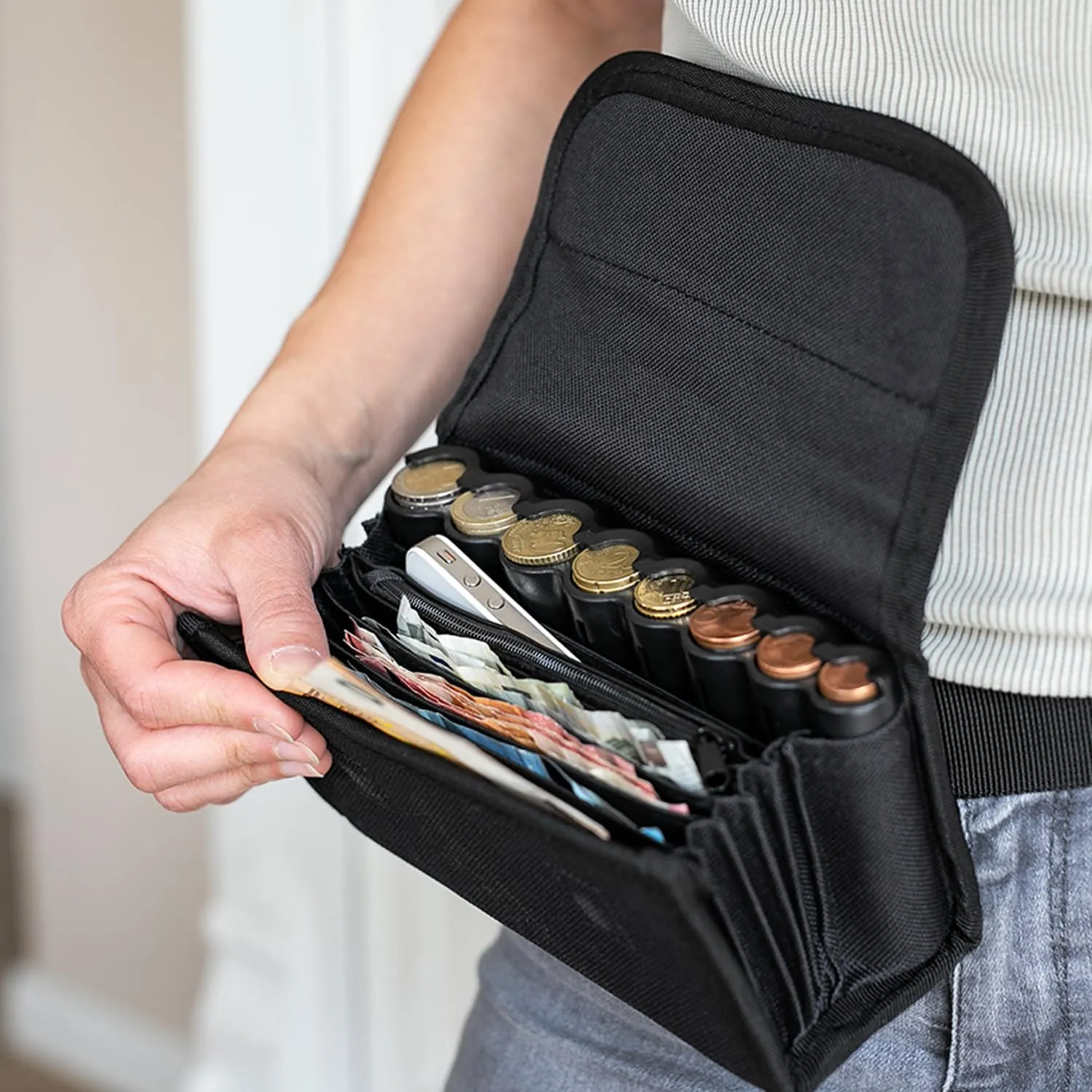 HMF Portafoglio da cameriere con cintura regolabile, portamonete euro e scomparto con cerniera, 20,5 x 10 x 6,5 cm, Nero - immagine 8
