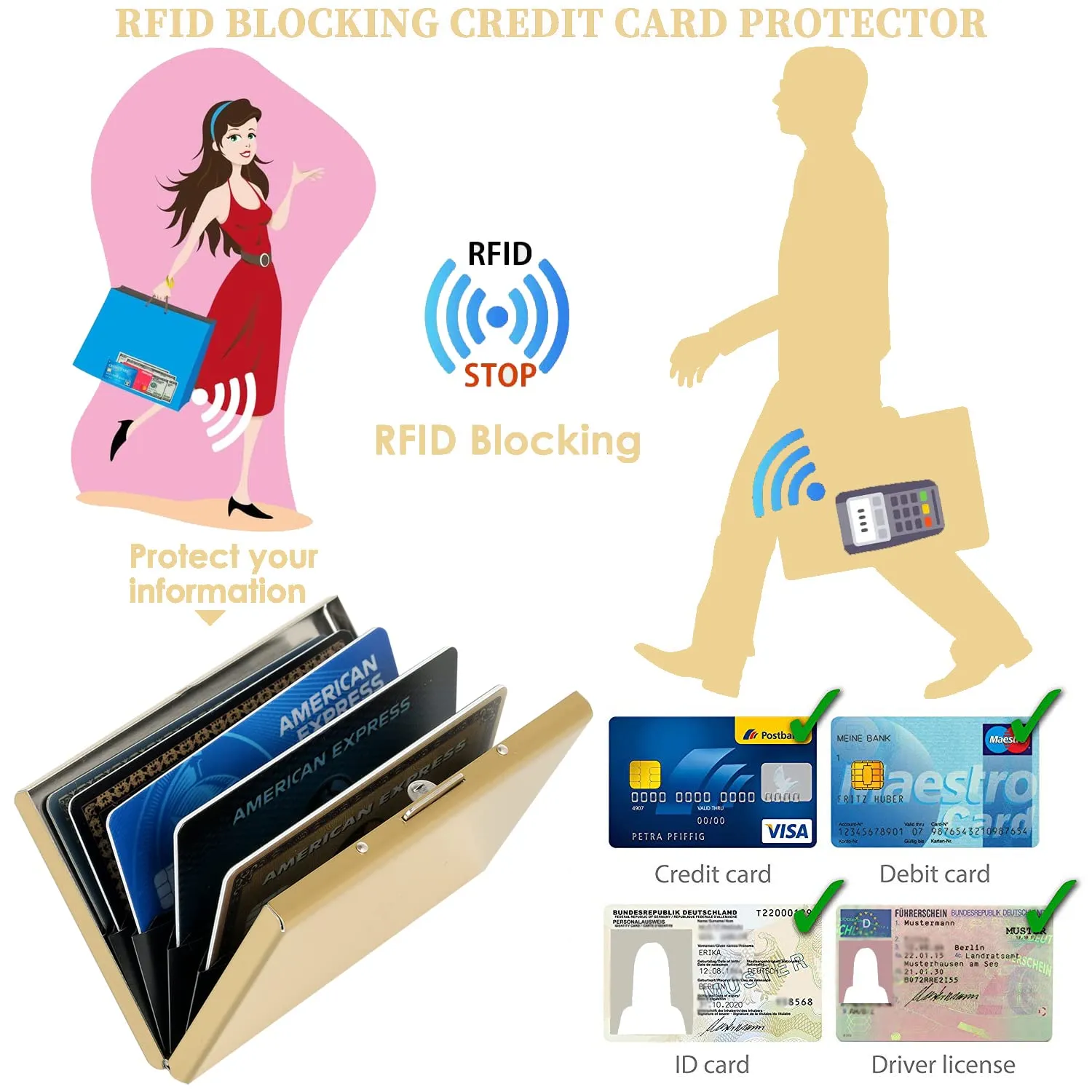 BONSYL Porta Carte di Credito in Metallo con Protezione RFID, 6 Scomparti (Oro) - immagine 5