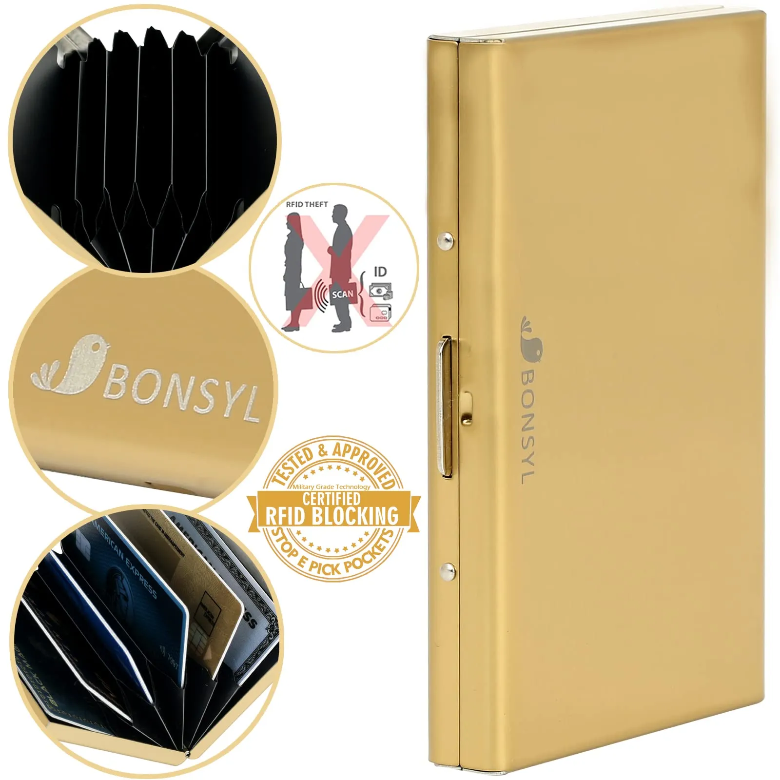 BONSYL Porta Carte di Credito in Metallo con Protezione RFID, 6 Scomparti (Oro) - immagine 6