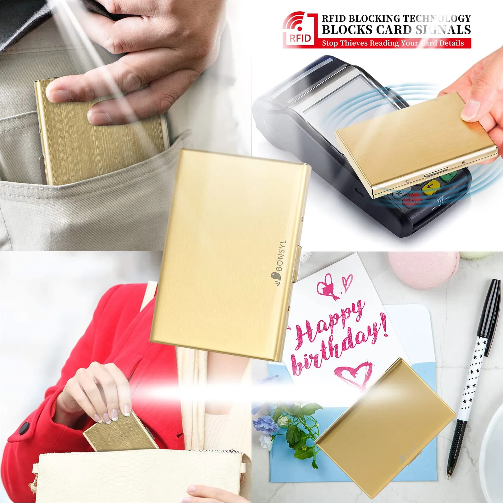 BONSYL Porta Carte di Credito in Metallo con Protezione RFID, 6 Scomparti (Oro) - immagine 7