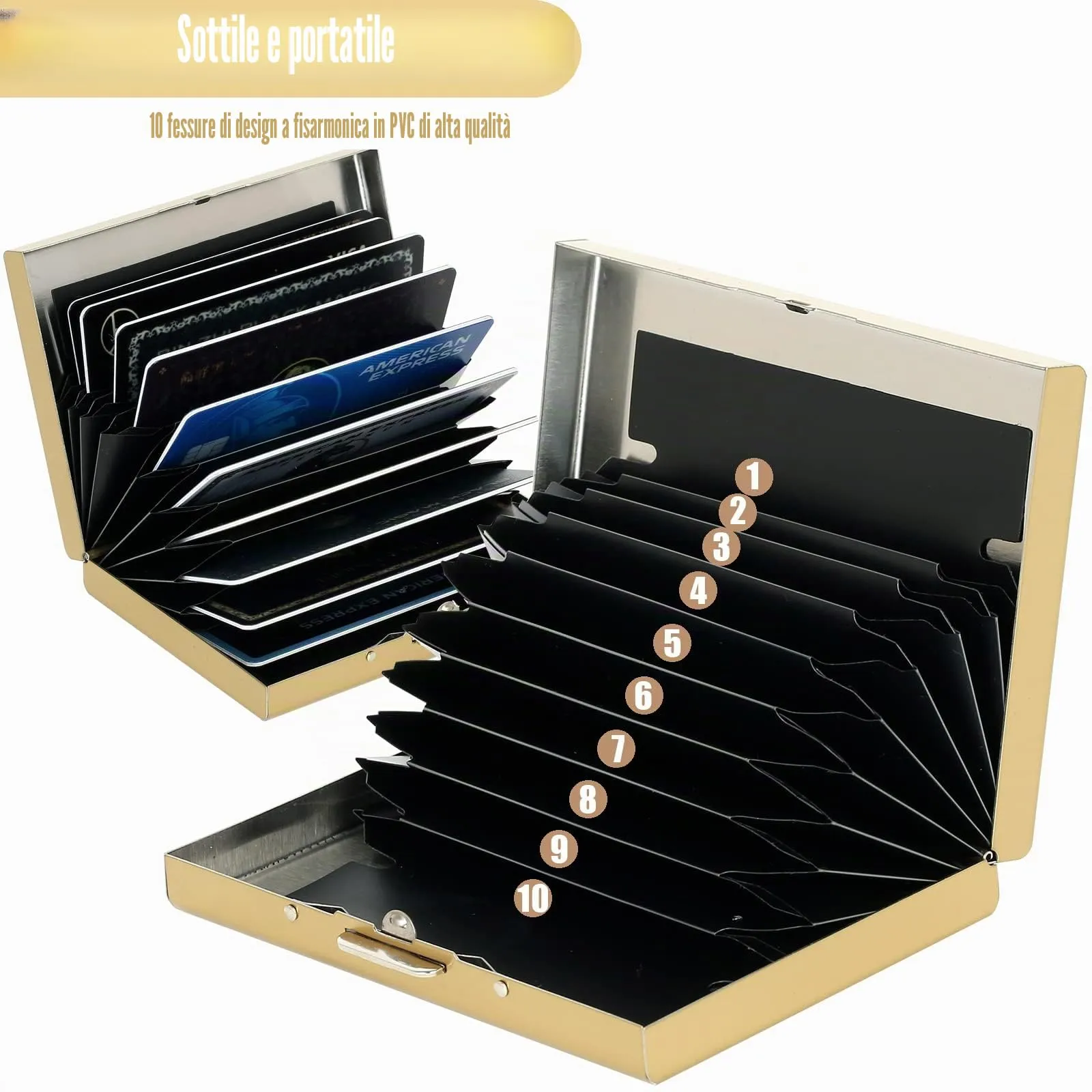 BONSYL Porta Carte di Credito in Metallo con Blocco RFID, 10 Scomparti in PVC (Oro) - immagine 2