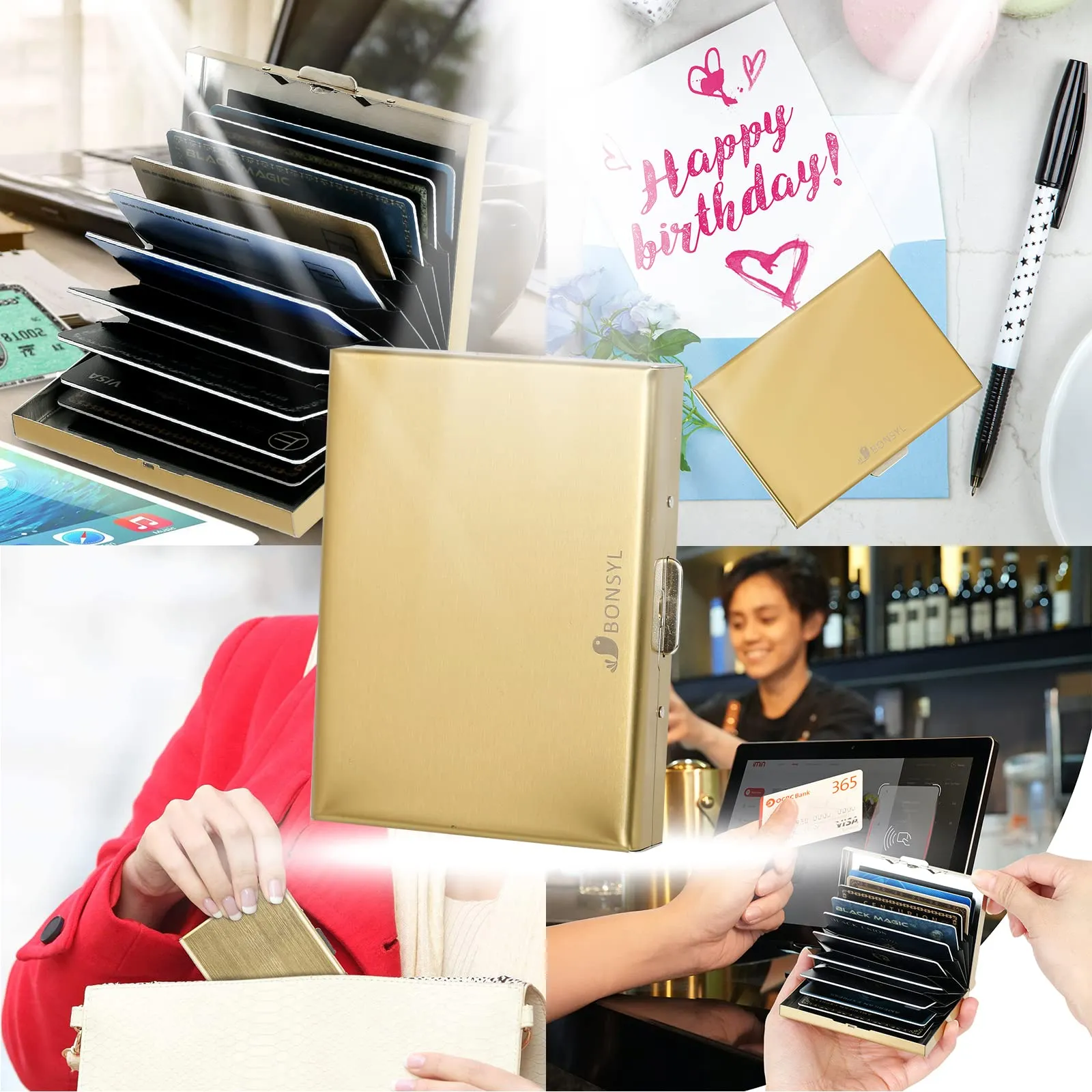 BONSYL Porta Carte di Credito in Metallo con Blocco RFID, 10 Scomparti in PVC (Oro) - immagine 4