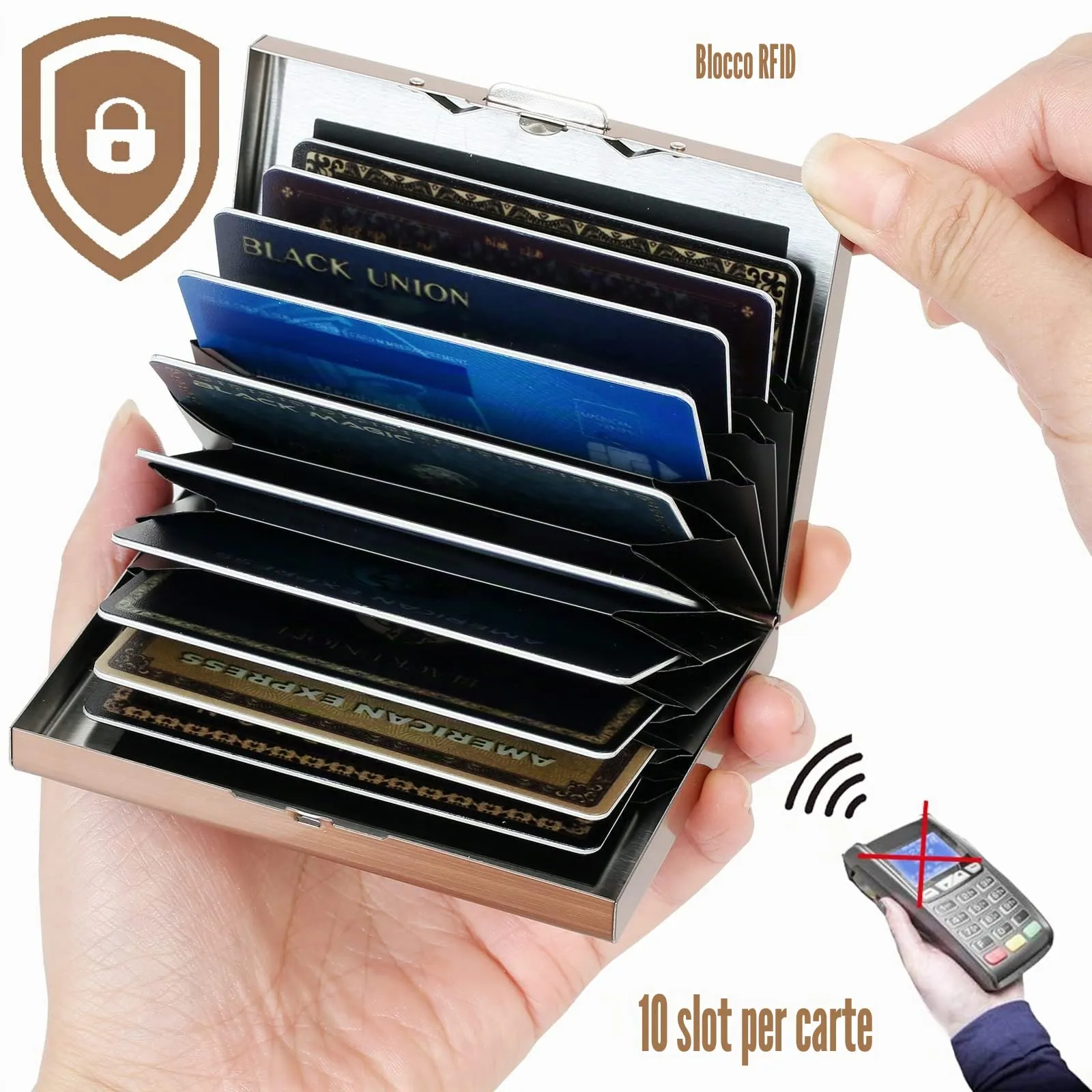 BONSYL Porta Carte di Credito in Acciaio Inossidabile con Blocco RFID, 10 Scomparti, Oro Rosa - immagine 2