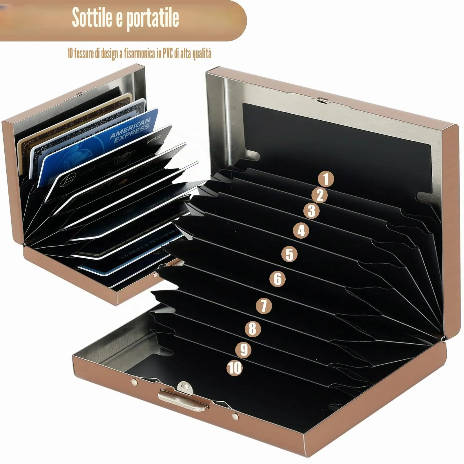 BONSYL Porta Carte di Credito in Acciaio Inossidabile con Blocco RFID, 10 Scomparti, Oro Rosa - immagine 3