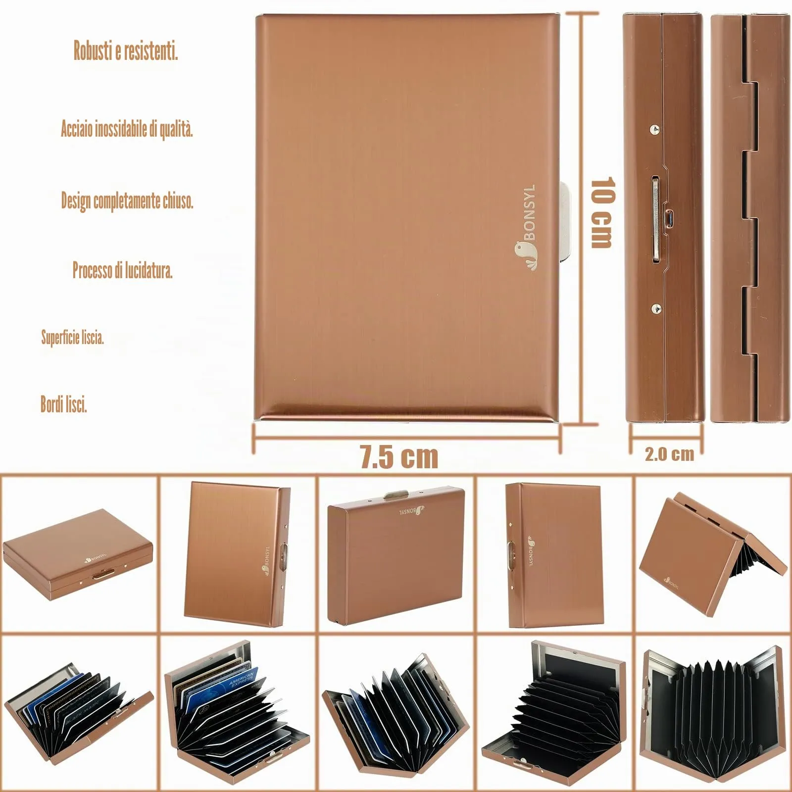 BONSYL Porta Carte di Credito in Acciaio Inossidabile con Blocco RFID, 10 Scomparti, Oro Rosa - immagine 4
