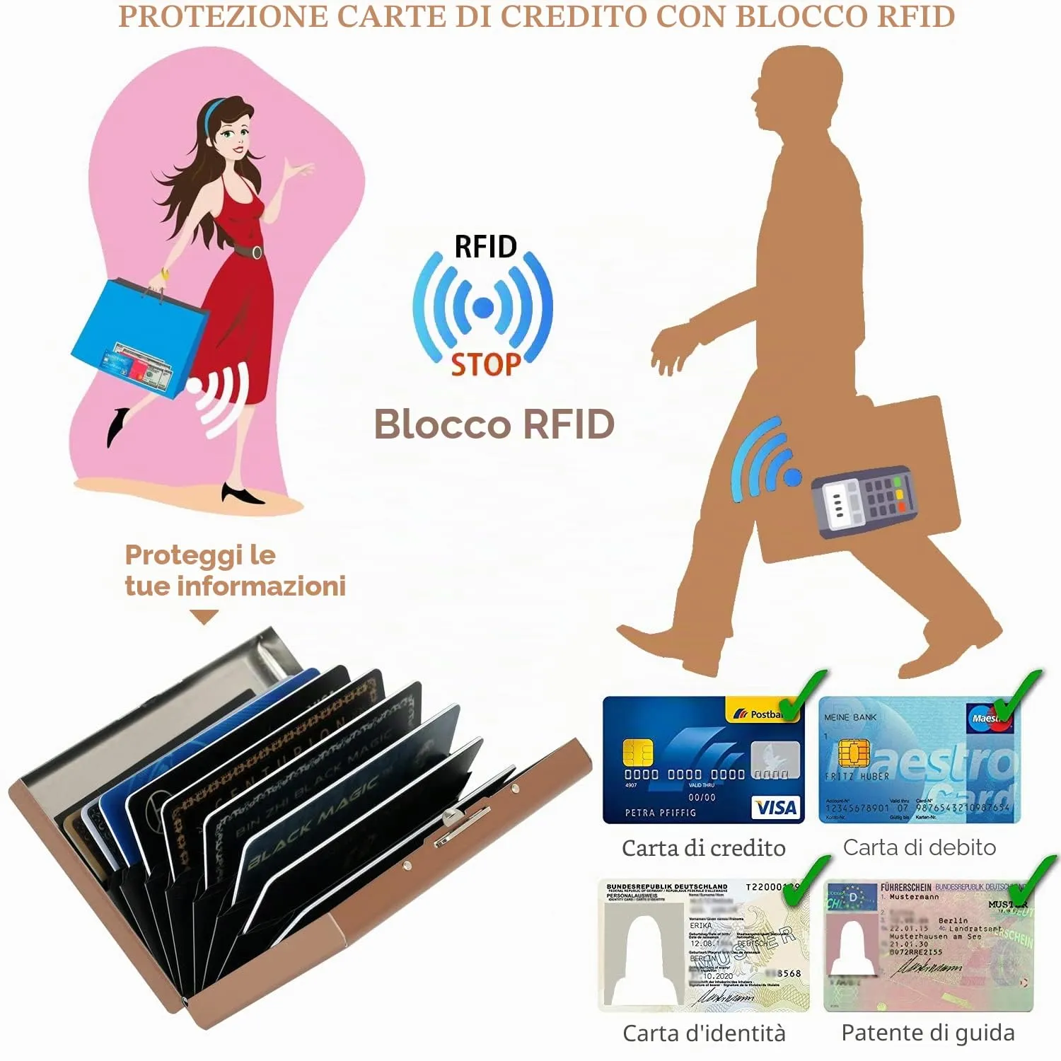 BONSYL Porta Carte di Credito in Acciaio Inossidabile con Blocco RFID, 10 Scomparti, Oro Rosa - immagine 5