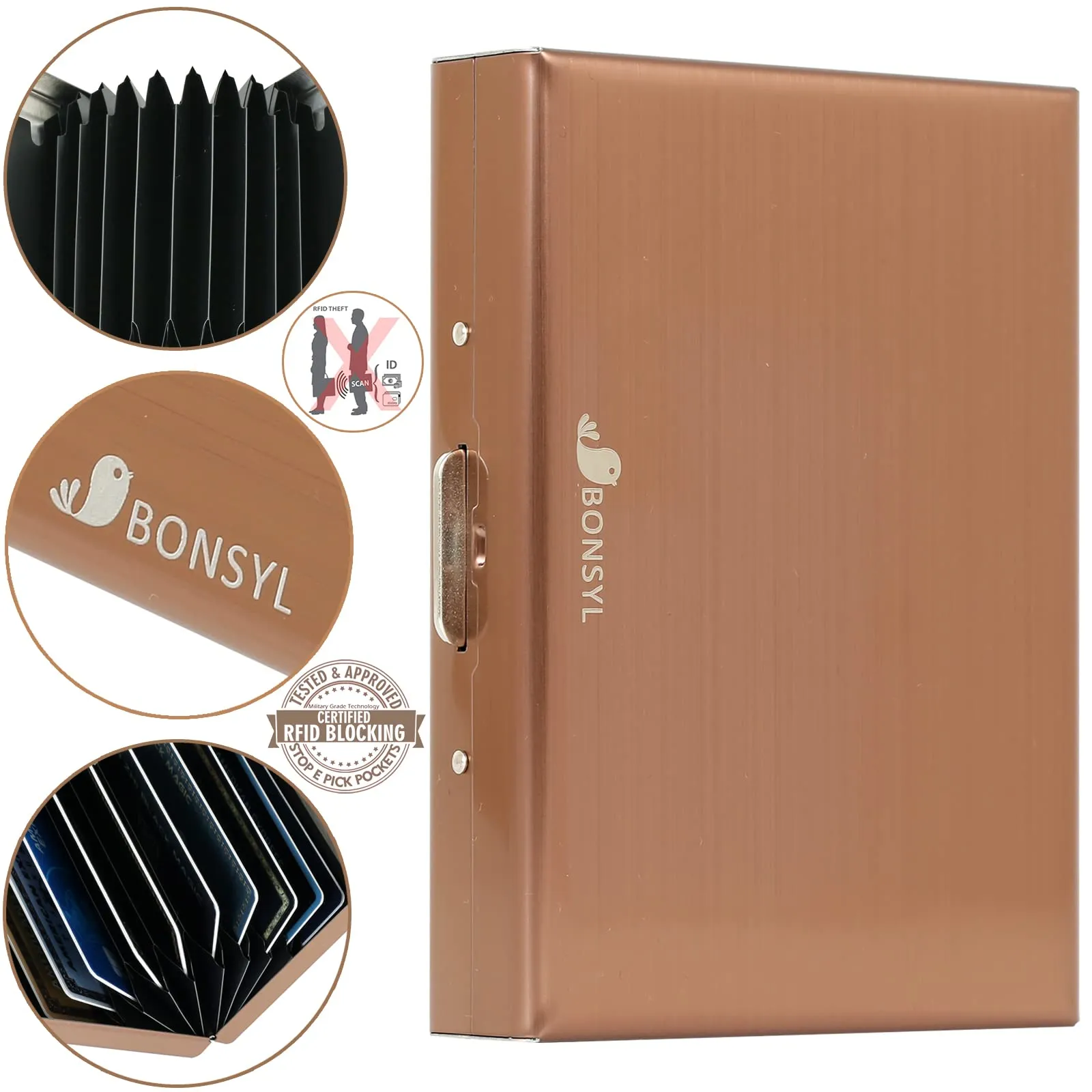 BONSYL Porta Carte di Credito in Acciaio Inossidabile con Blocco RFID, 10 Scomparti, Oro Rosa - immagine 6