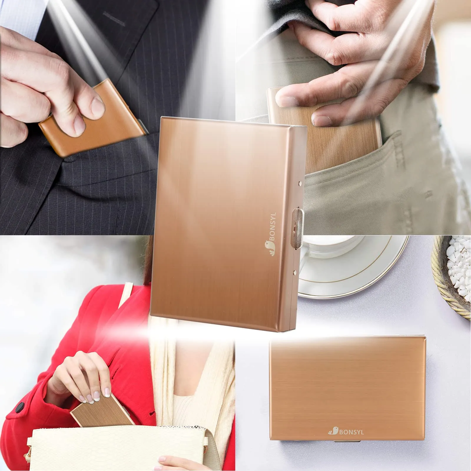 BONSYL Porta Carte di Credito in Acciaio Inossidabile con Blocco RFID, 10 Scomparti, Oro Rosa - immagine 7