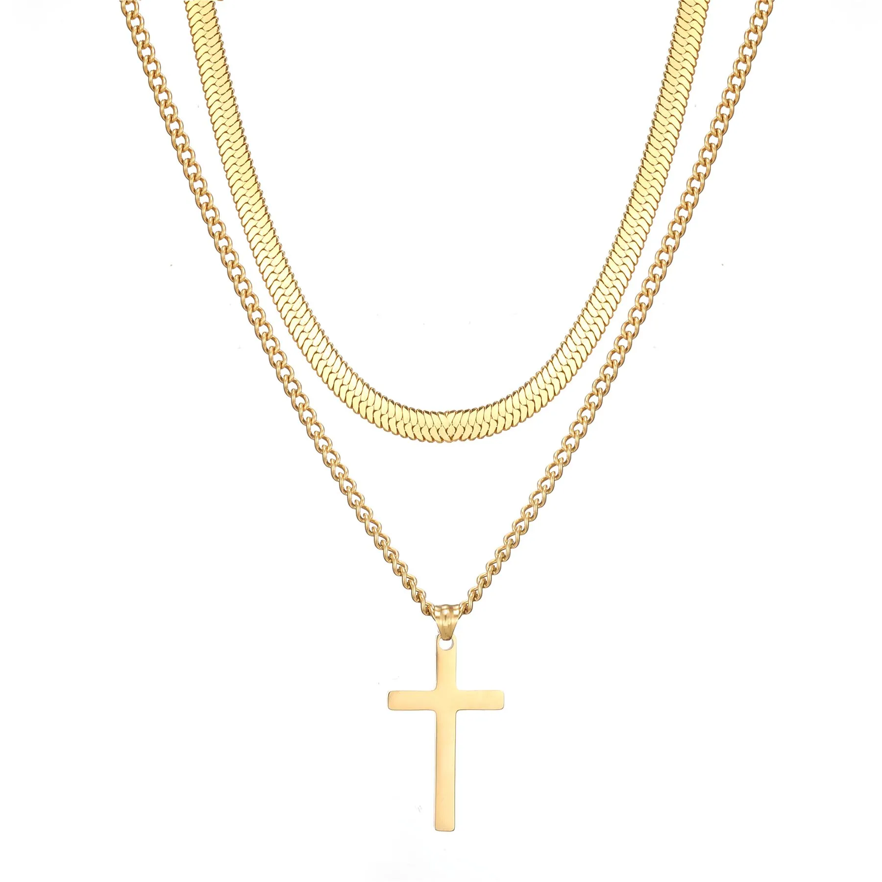 AFSTALR Collana con Croce da Uomo, 2 Pezzi in Acciaio Inox, Catena a Serpente in Oro, 45/50 cm - immagine 1