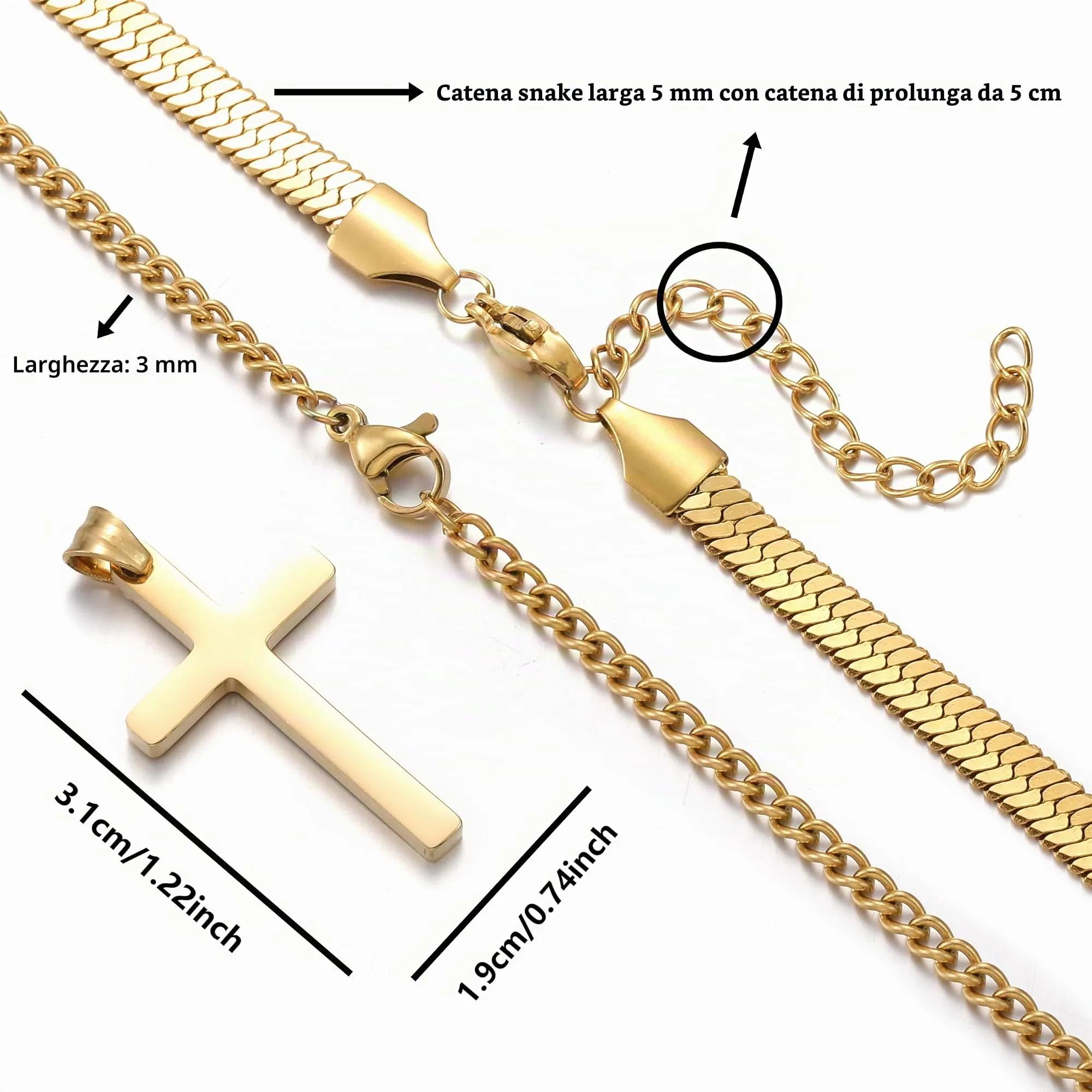 AFSTALR Collana con Croce da Uomo, 2 Pezzi in Acciaio Inox, Catena a Serpente in Oro, 45/50 cm - immagine 4