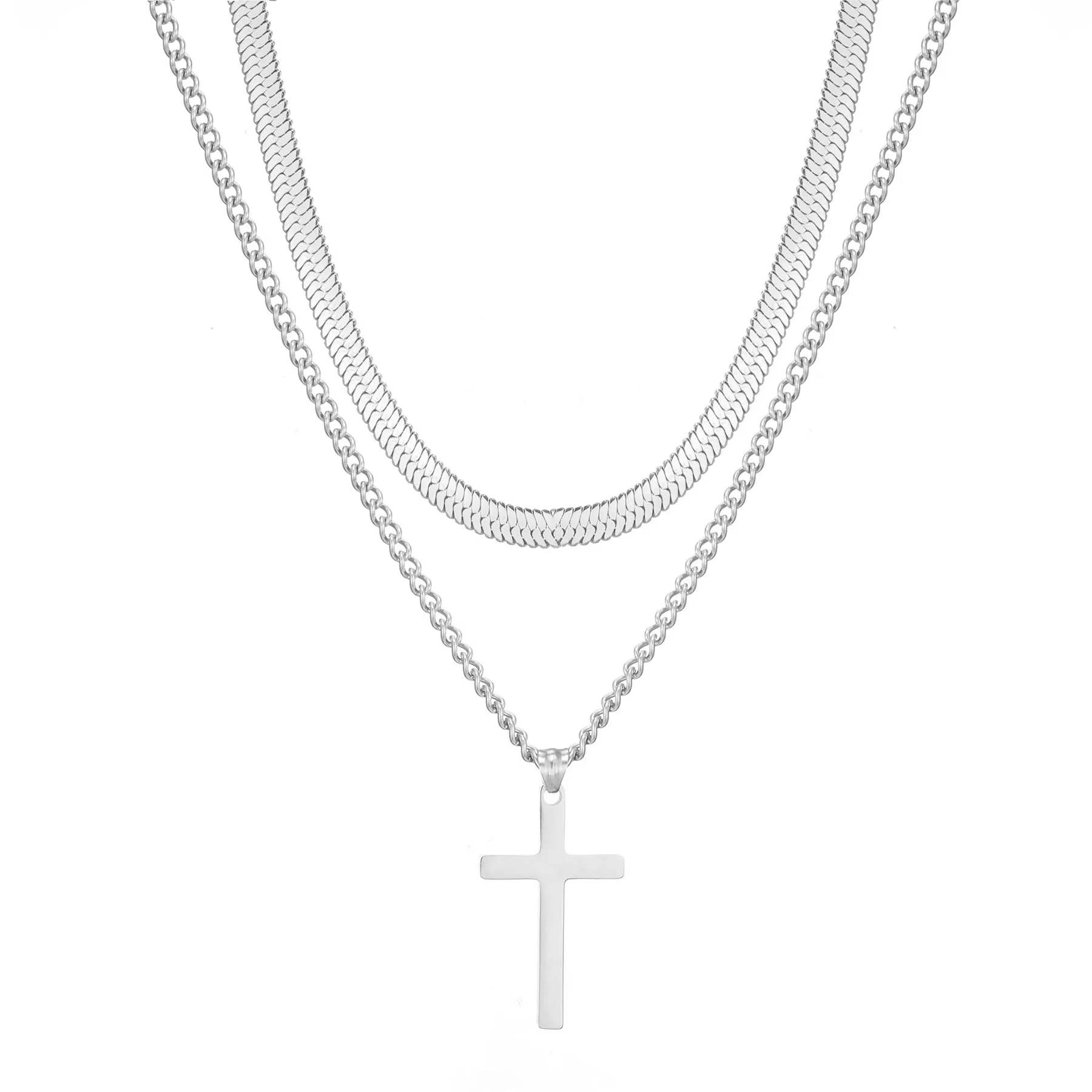 AFSTALR Collana con Croce da Uomo, 2 Pezzi, Catena a Serpente in Acciaio Inossidabile Argentato, 55/60 cm - immagine 1