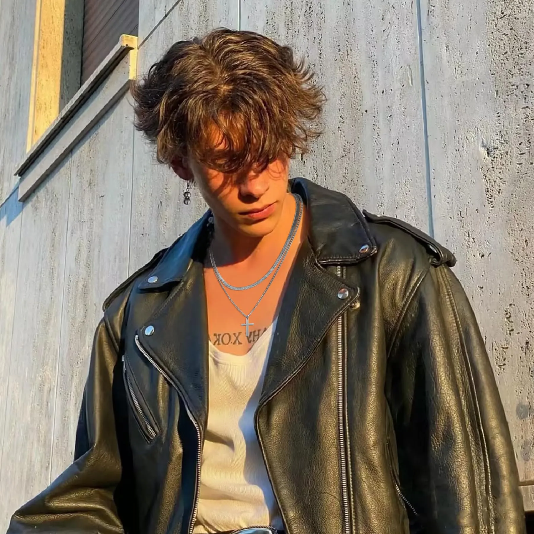 AFSTALR Collana con Croce da Uomo, 2 Pezzi, Catena a Serpente in Acciaio Inossidabile Argentato, 55/60 cm - immagine 6