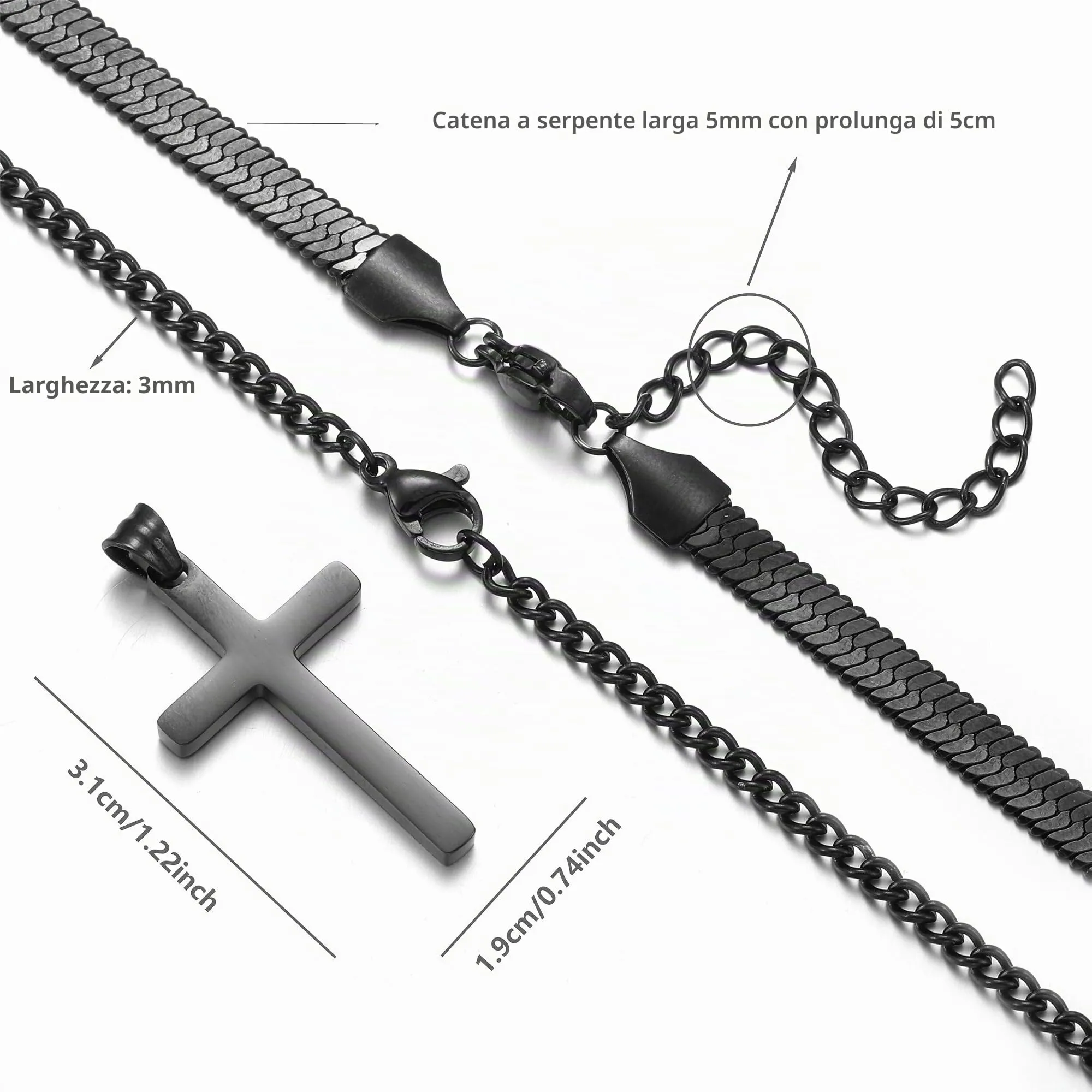 AFSTALR Collana con Croce da Uomo, 2 Pezzi, Catena a Serpente in Acciaio Inossidabile Nero, 50/55 cm - immagine 4