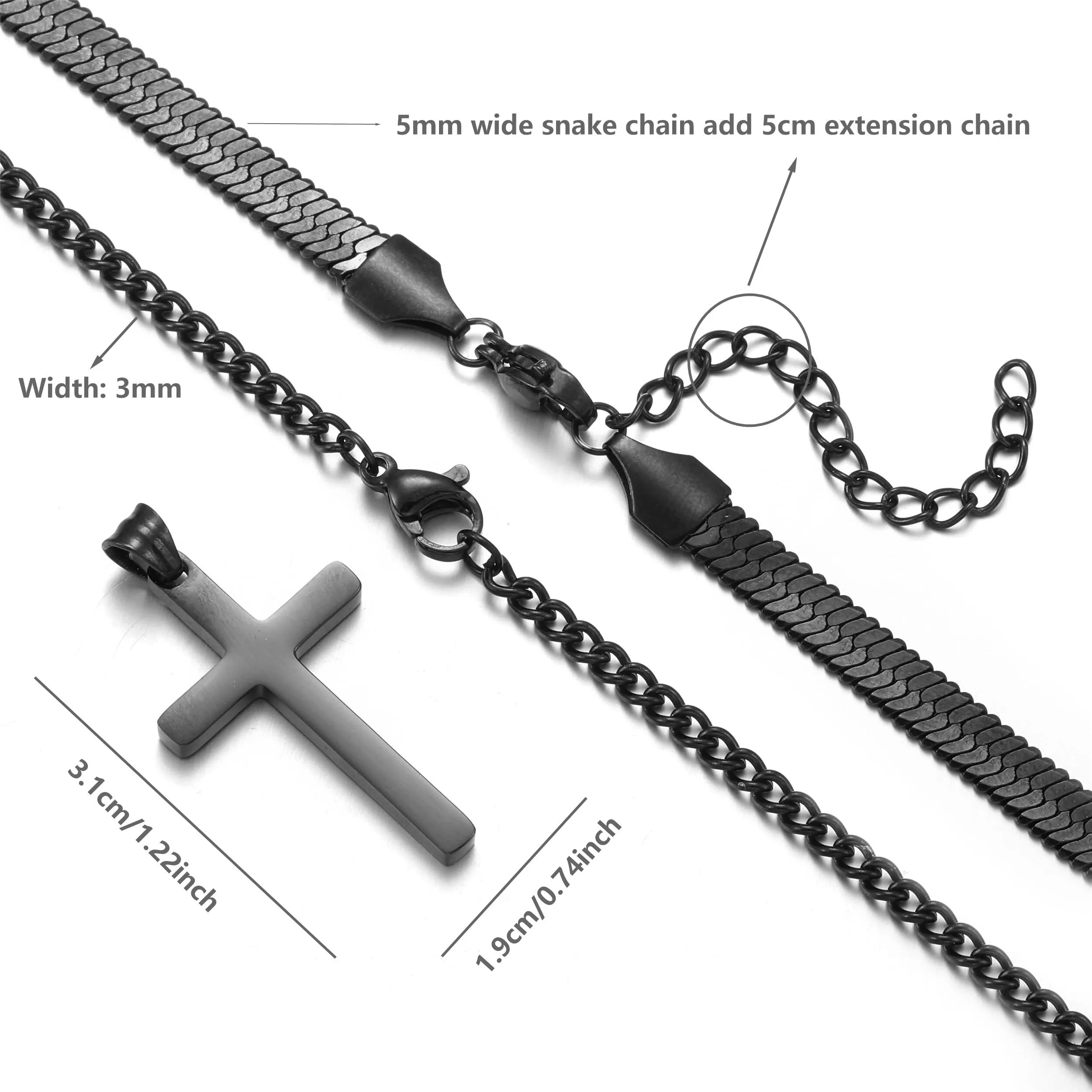 AFSTALR Collana con Croce da Uomo, 2 Pezzi, Catena a Serpente in Acciaio Inossidabile Nero, 45/50 cm - immagine 4