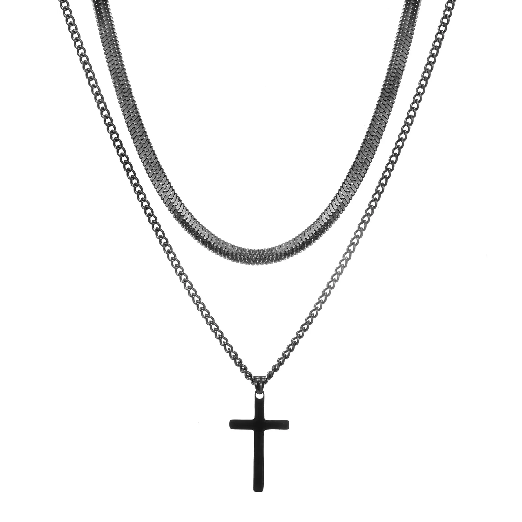 AFSTALR Collana con Croce da Uomo, 2 Pezzi, Catena a Serpente in Acciaio Inossidabile Nero e Ciondolo a Crocifisso, 55/60 cm - immagine 1