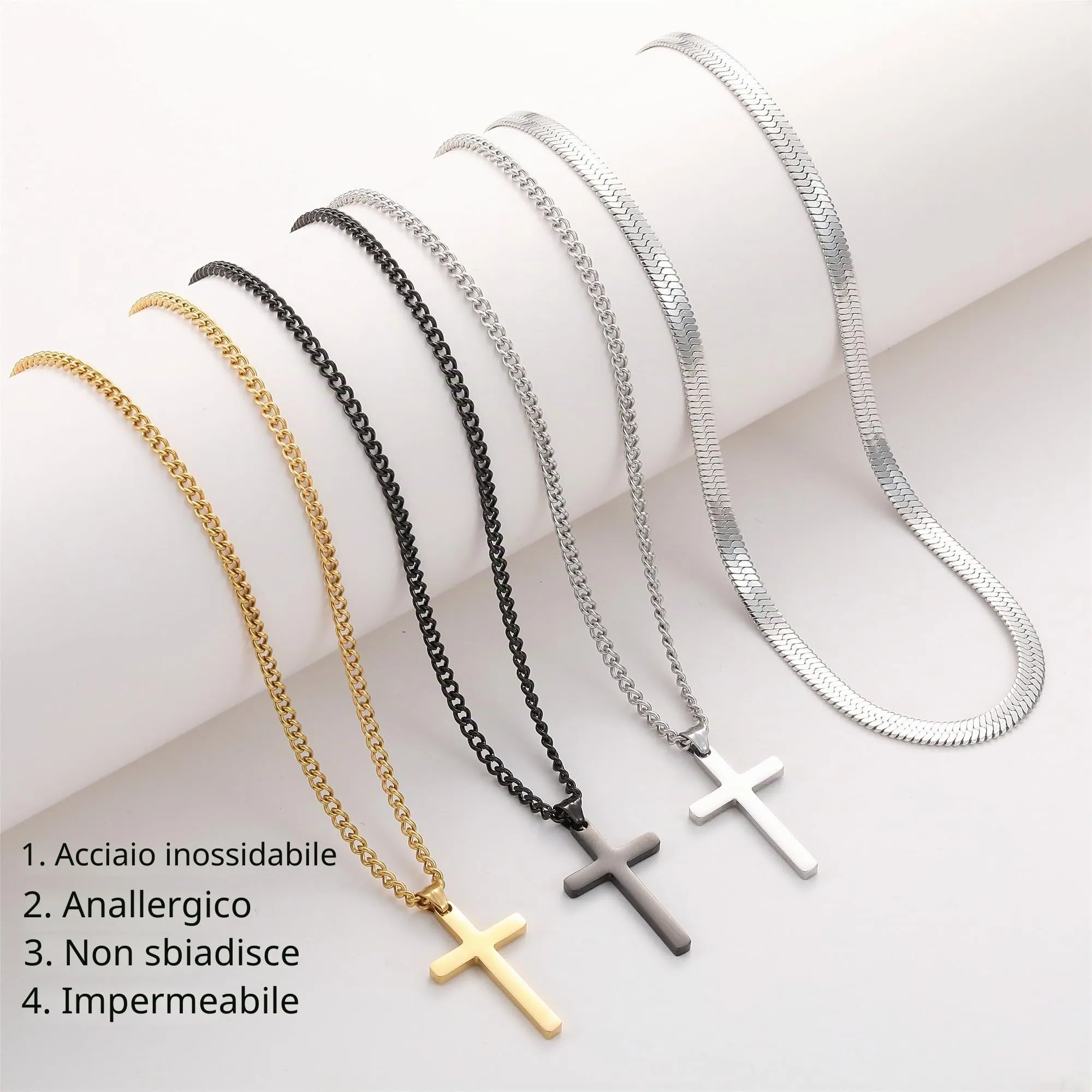 AFSTALR Collana con Croce da Uomo, 2 Pezzi in Acciaio Inox, Catena a Serpente e Ciondolo a Crocifisso, Argento, 50/55 cm - immagine 3
