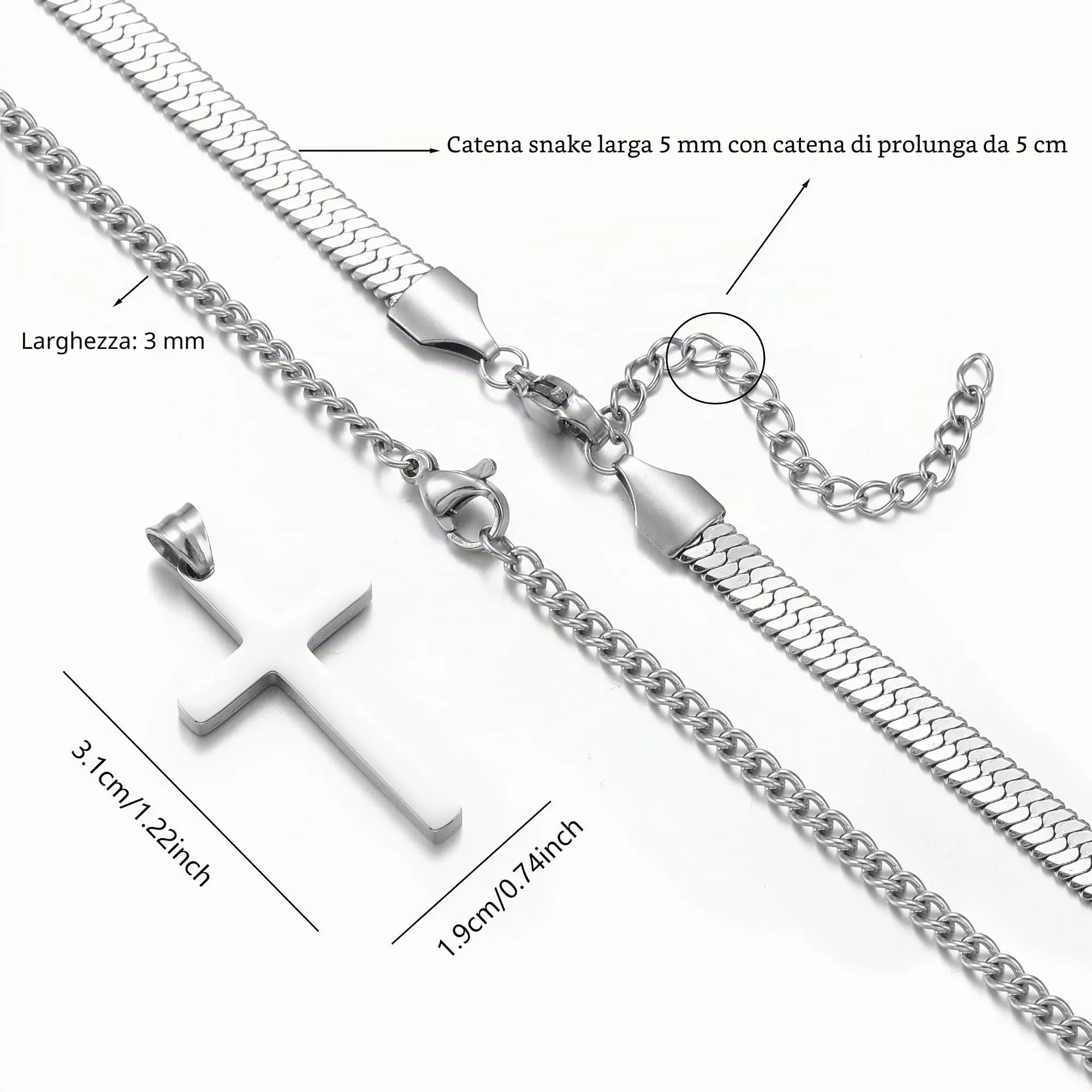 AFSTALR Collana con Croce da Uomo, 2 Pezzi in Acciaio Inox, Catena a Serpente e Ciondolo a Crocifisso, Argento, 50/55 cm - immagine 4