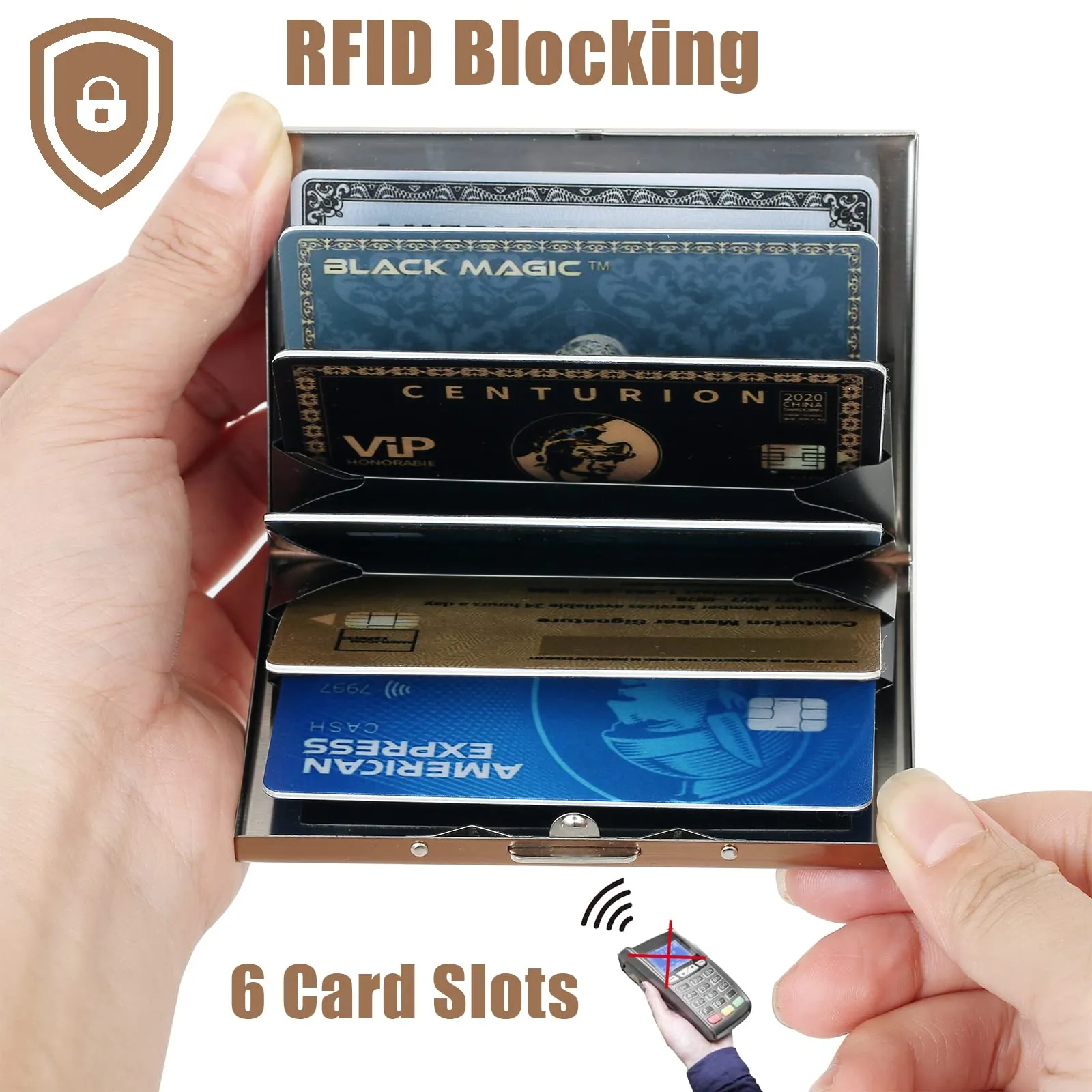 BONSYL Porta Carte di Credito in Acciaio Inossidabile con Blocco RFID, 6 Carte, Oro Rosa - immagine 2