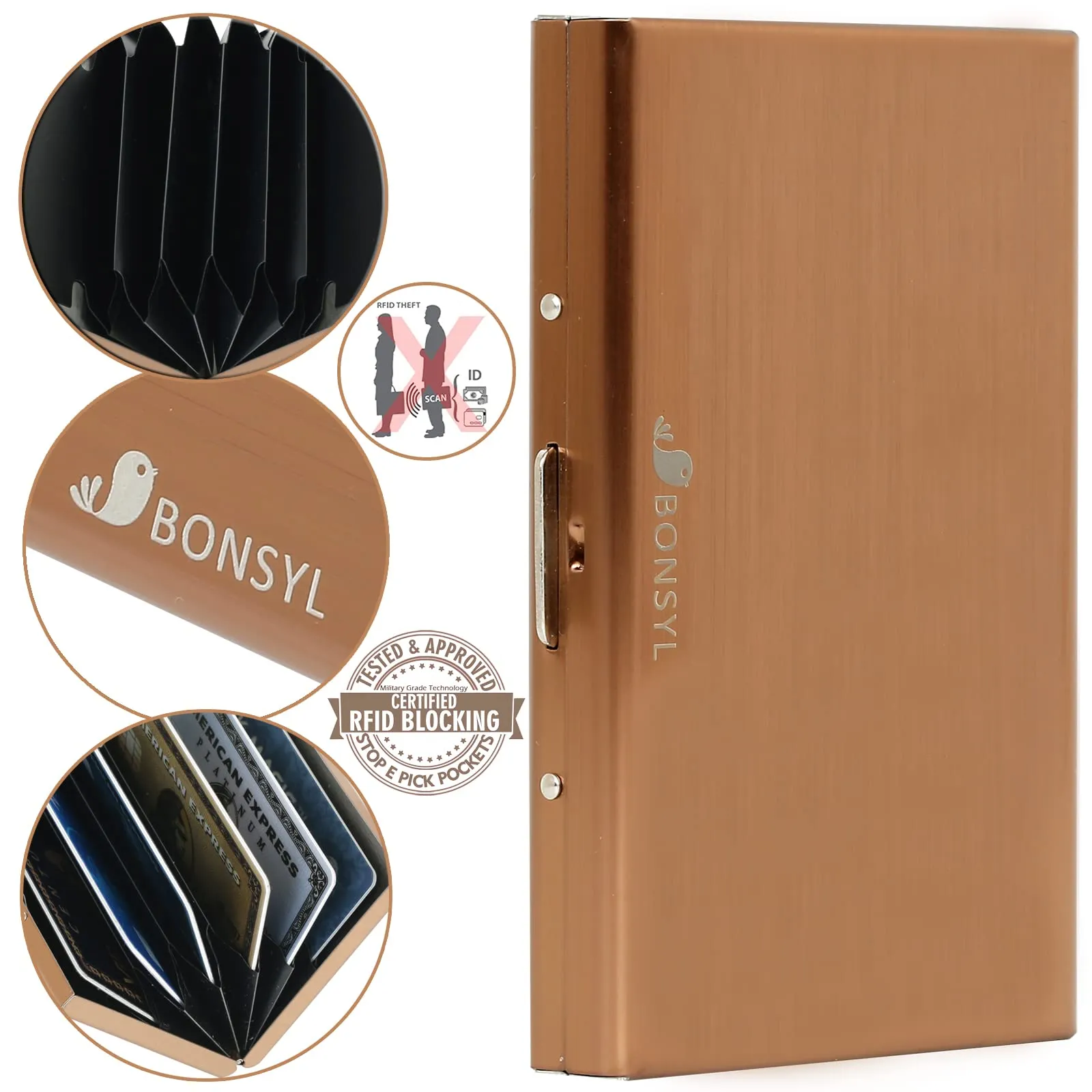 BONSYL Porta Carte di Credito in Acciaio Inossidabile con Blocco RFID, 6 Carte, Oro Rosa - immagine 6