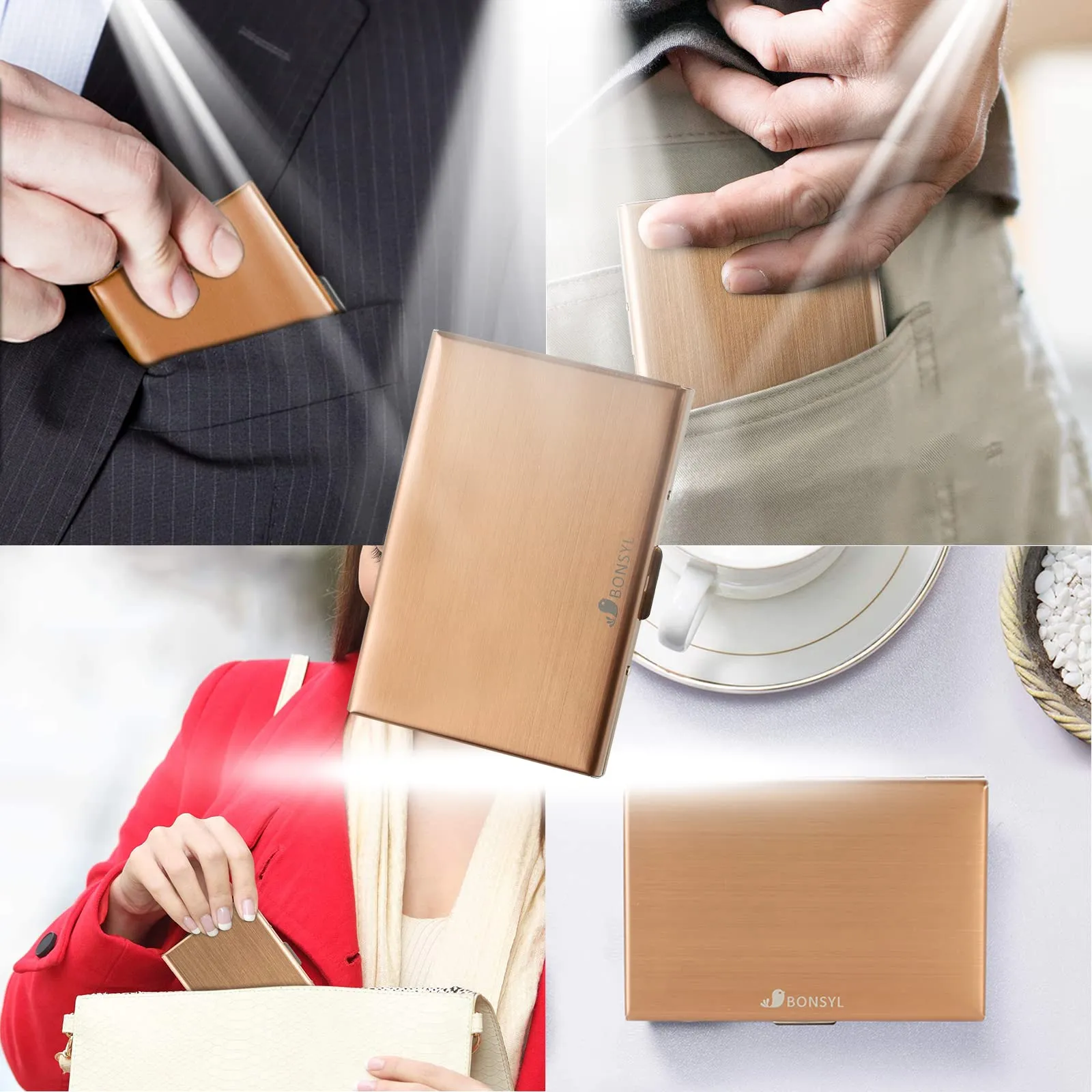 BONSYL Porta Carte di Credito in Acciaio Inossidabile con Blocco RFID, 6 Carte, Oro Rosa - immagine 7