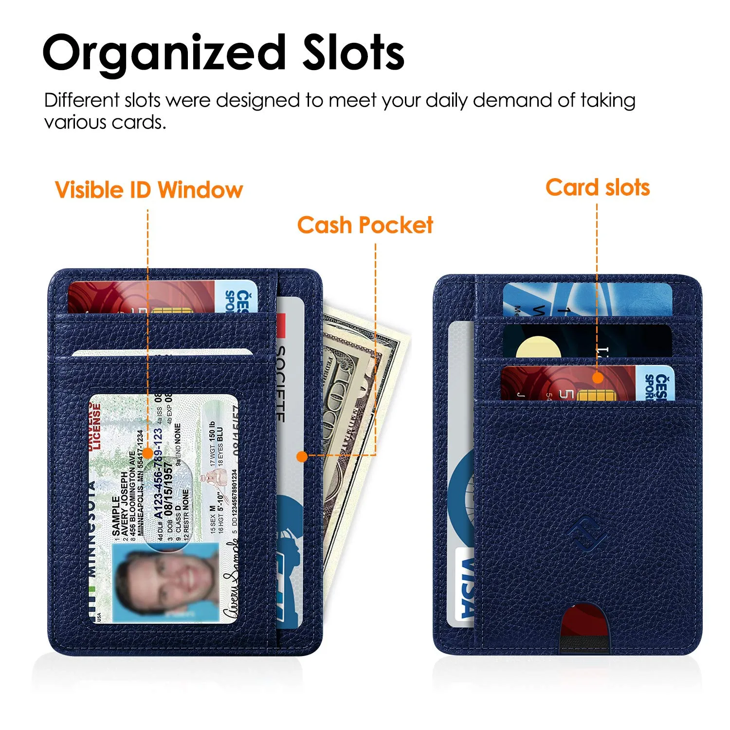 FINTIE Portafoglio Sottile con Tasca Frontale e Blocco RFID, Similpelle, Blu Scuro - immagine 3