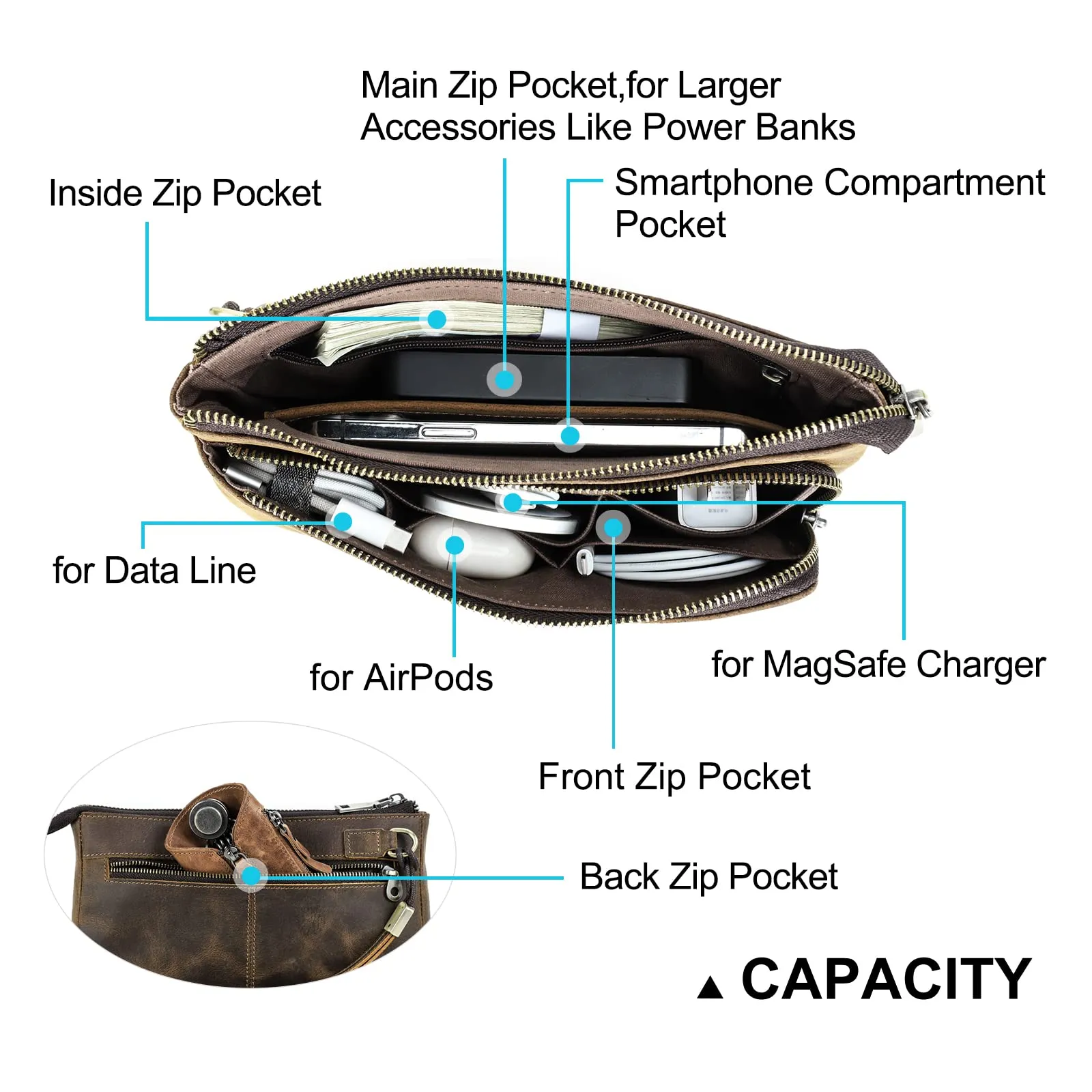 CONTACTS Pochette da Viaggio da Uomo in Vera Pelle con Cinturino da Polso e Portafoglio Passaporto - immagine 8