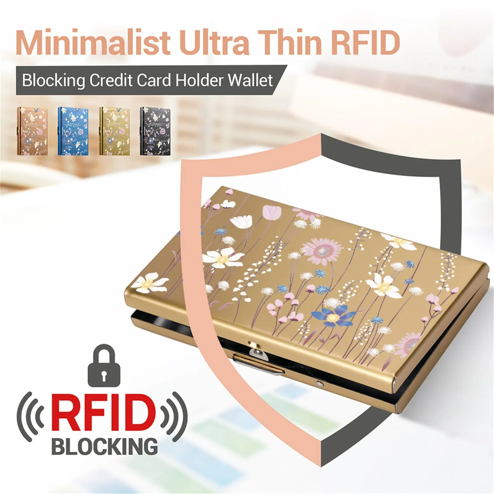 BONSYL Porta Carte di Credito in Acciaio Inossidabile con Blocco RFID, 6 Slot, Oro/Fiore - immagine 2