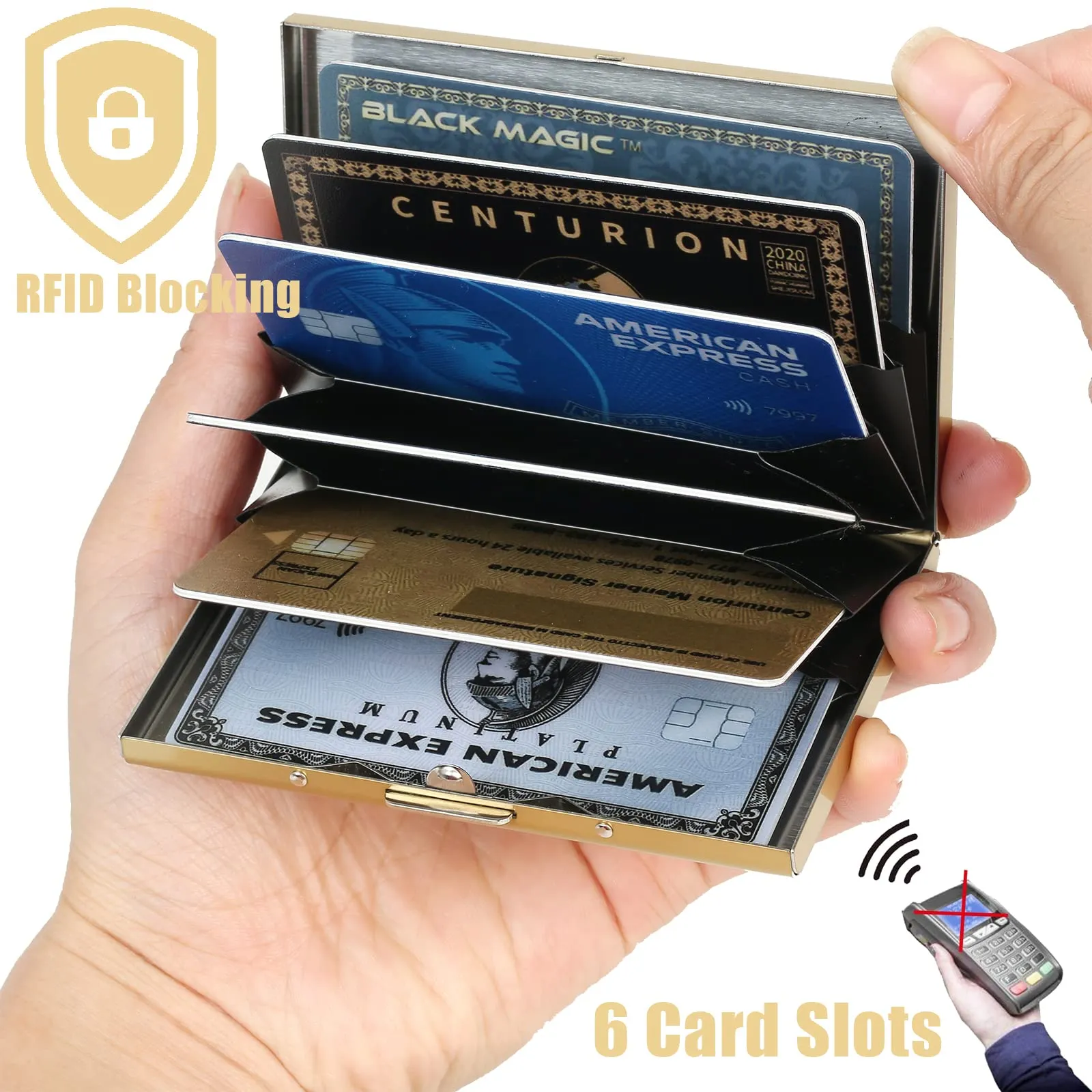 BONSYL Porta Carte di Credito in Acciaio Inossidabile con Blocco RFID, 6 Slot, Oro/Fiore - immagine 3