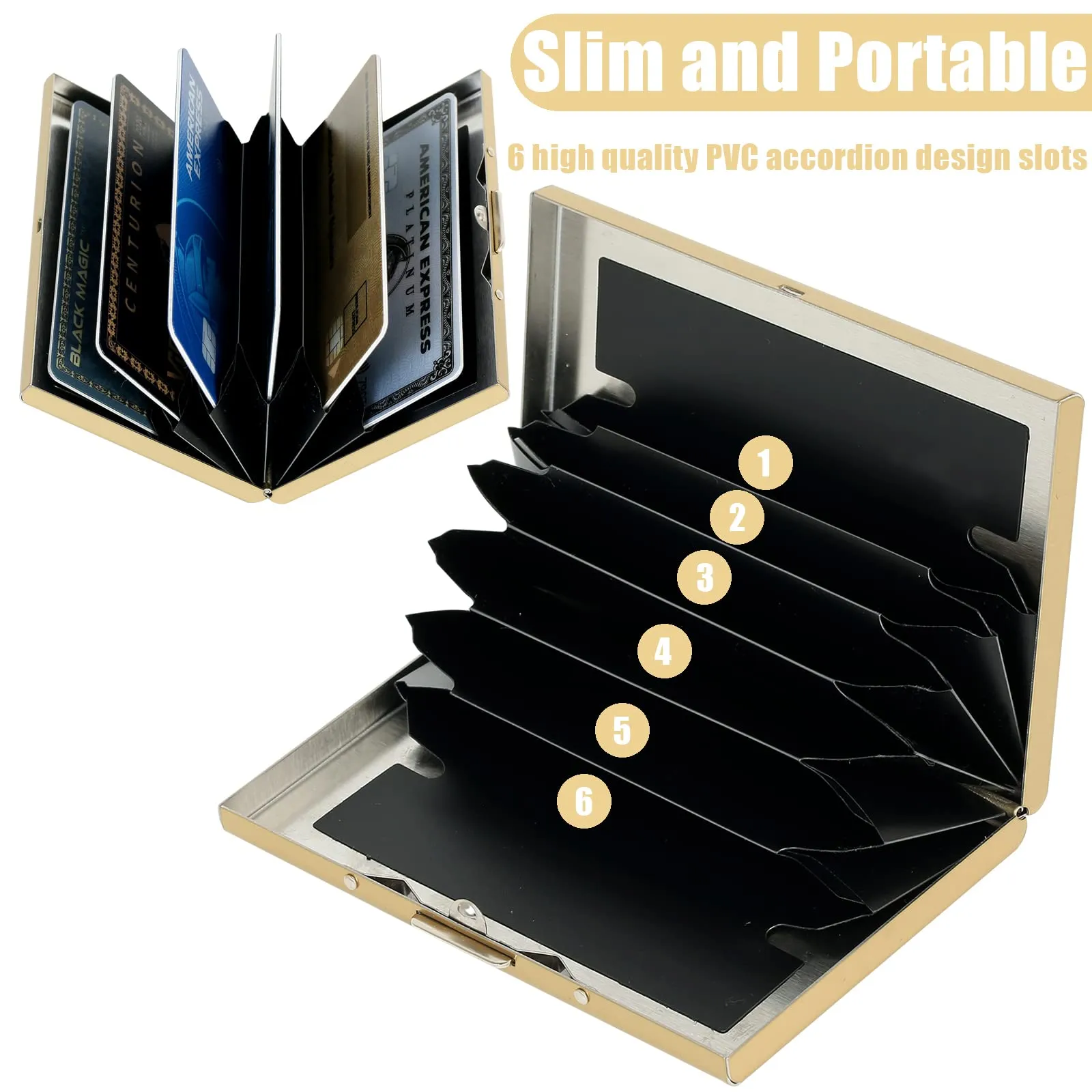 BONSYL Porta Carte di Credito in Acciaio Inossidabile con Blocco RFID, 6 Slot, Oro/Fiore - immagine 4