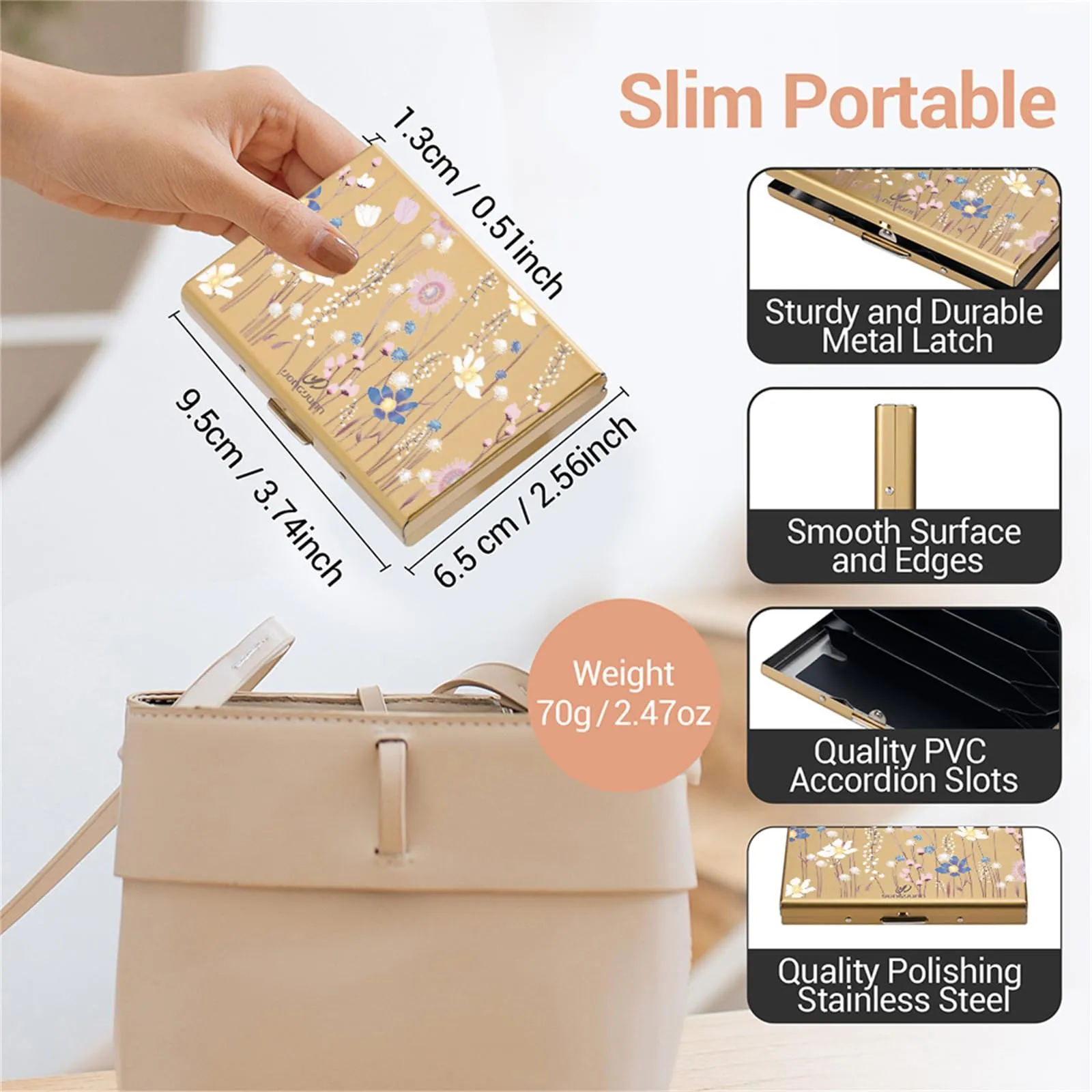 BONSYL Porta Carte di Credito in Acciaio Inossidabile con Blocco RFID, 6 Slot, Oro/Fiore - immagine 5
