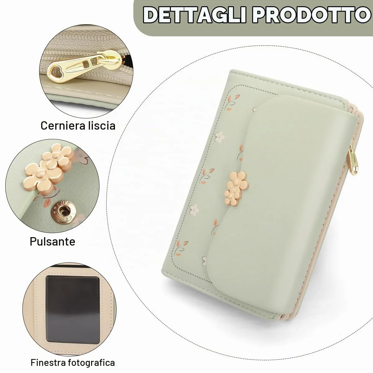 REETEE Portafoglio Donna in Pelle PU Slim, Formato Corto con Cerniera e 10 Porta Carte, Verde - immagine 3