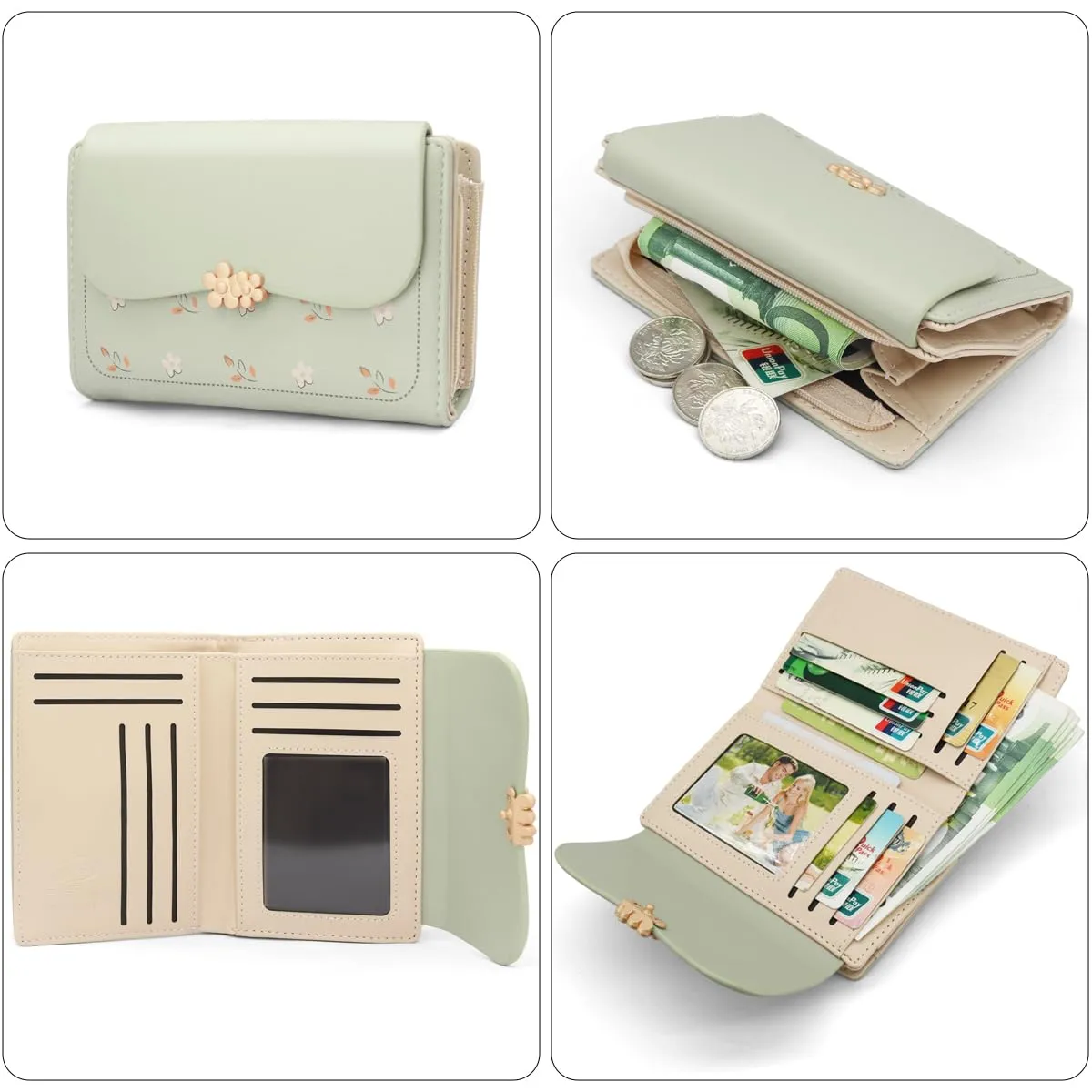 REETEE Portafoglio Donna in Pelle PU Slim, Formato Corto con Cerniera e 10 Porta Carte, Verde - immagine 5