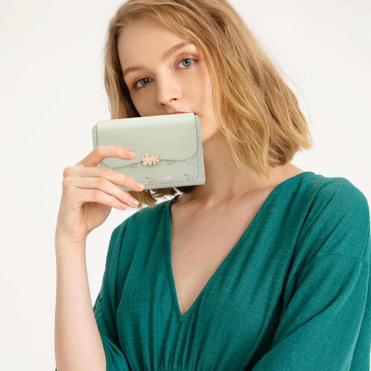 REETEE Portafoglio Donna in Pelle PU Slim, Formato Corto con Cerniera e 10 Porta Carte, Verde - immagine 6