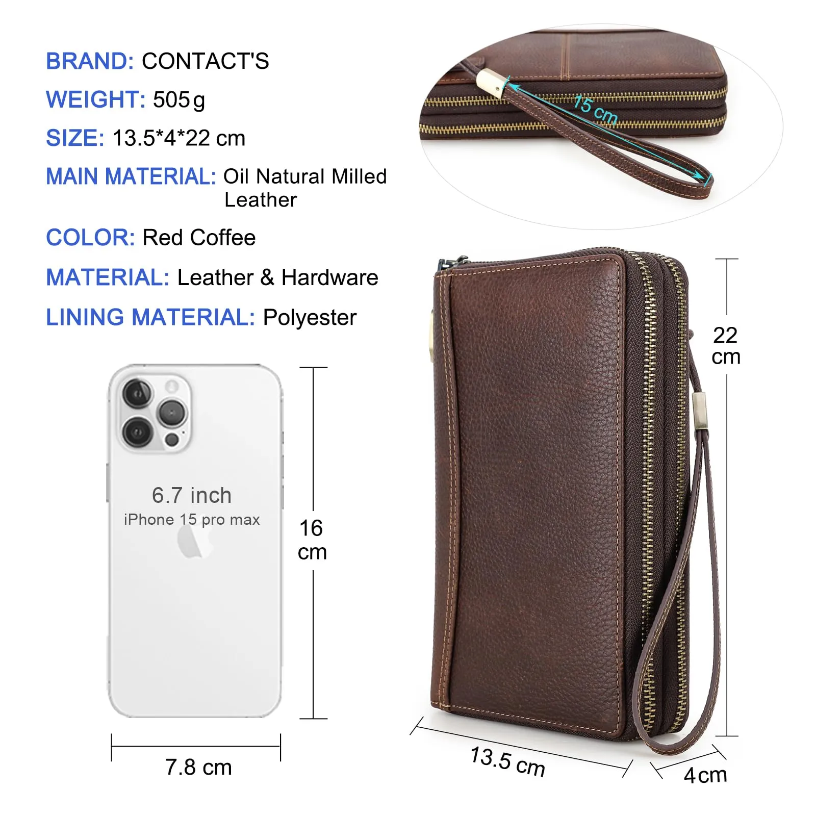 CONTACT'S FAMILY Pochette da viaggio da uomo in vera pelle con blocco RFID e cinturino da polso, marrone, Caffè-1044 - immagine 3