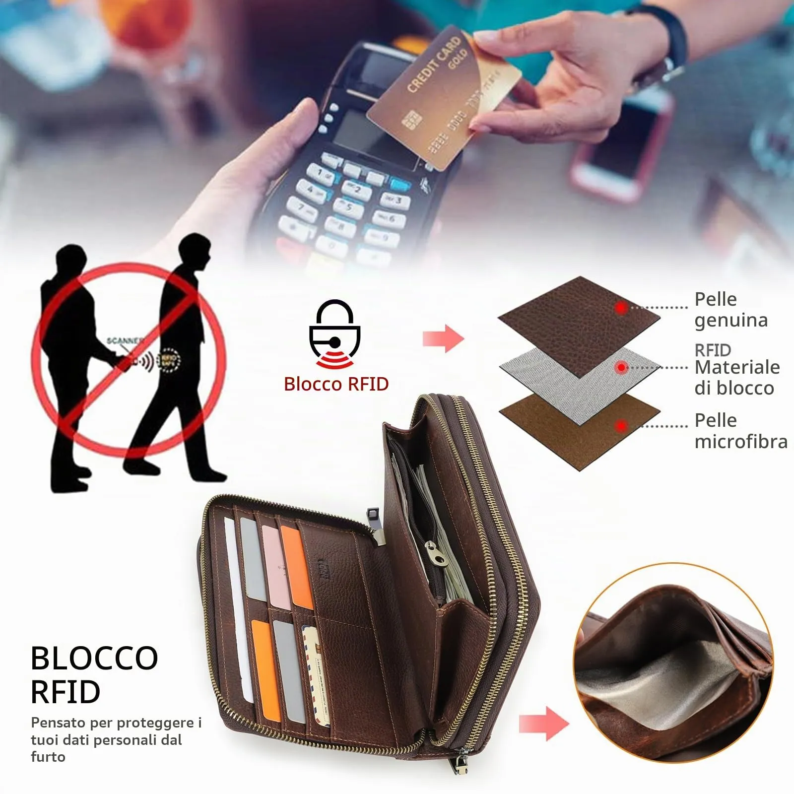 CONTACT'S FAMILY Pochette da viaggio da uomo in vera pelle con blocco RFID e cinturino da polso, marrone, Caffè-1044 - immagine 4